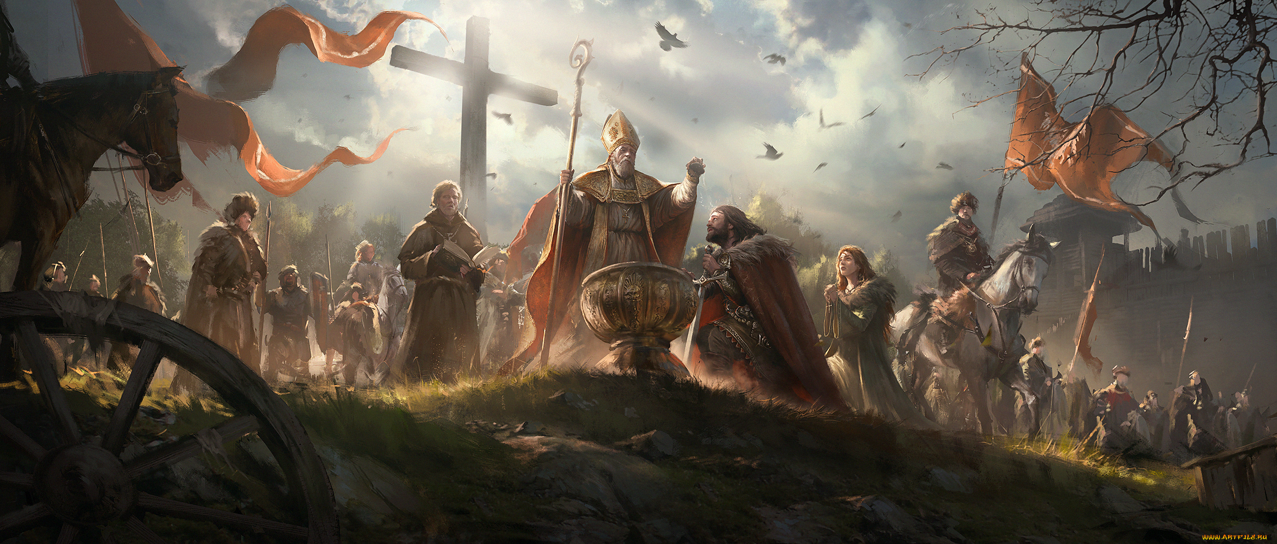 рисованное, живопись, конь, крест, люди, польша, воины, крещение, знамя, священник