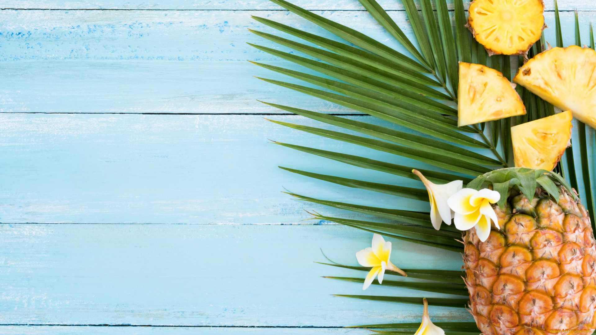 еда, ананас, plumeria, slice, tropical, fruit, pineapple, фрукты, ломтики, плюмерия, flowers, wood, fresh, summer