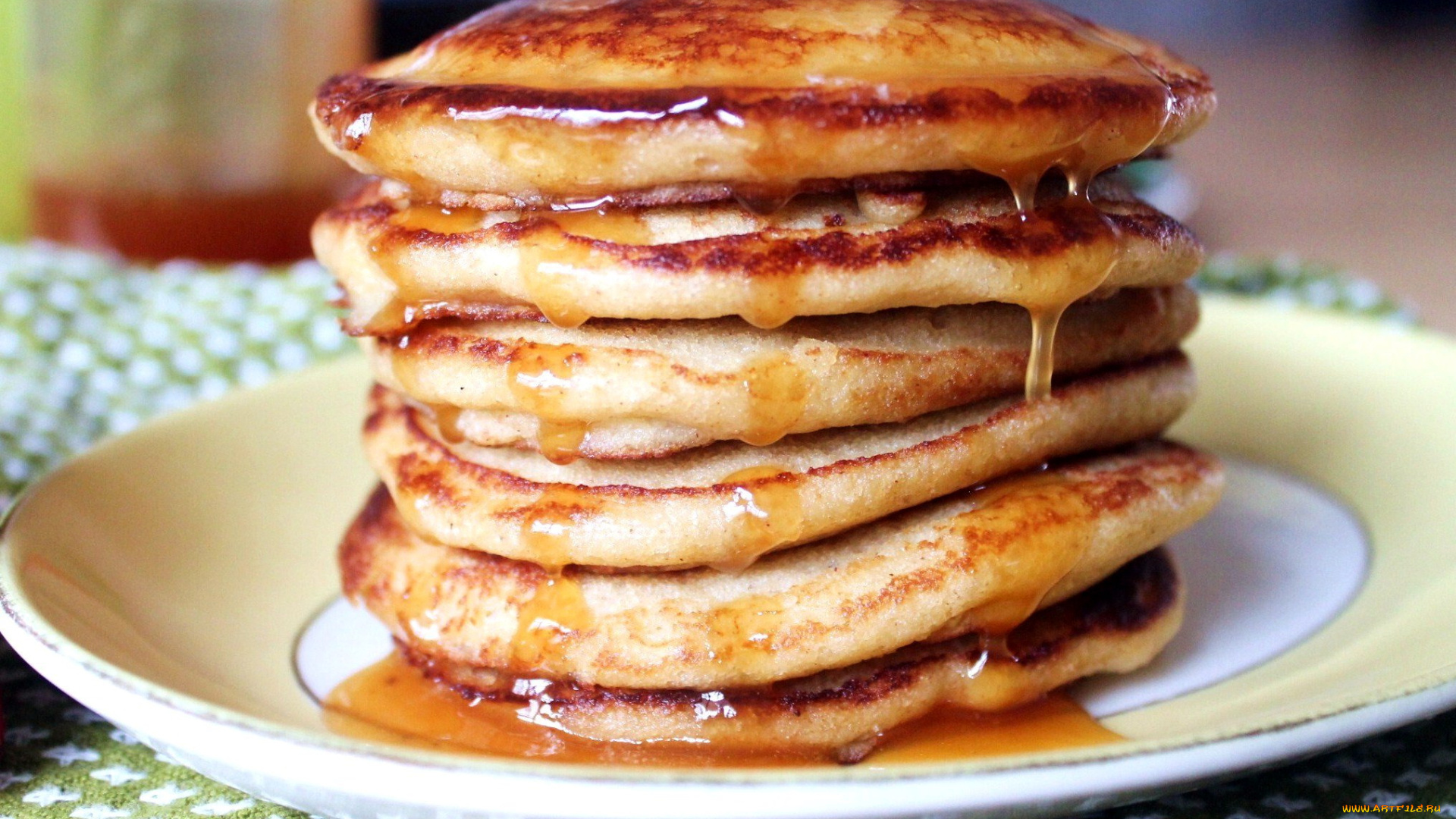 еда, блины, , оладьи, мед, оладьи