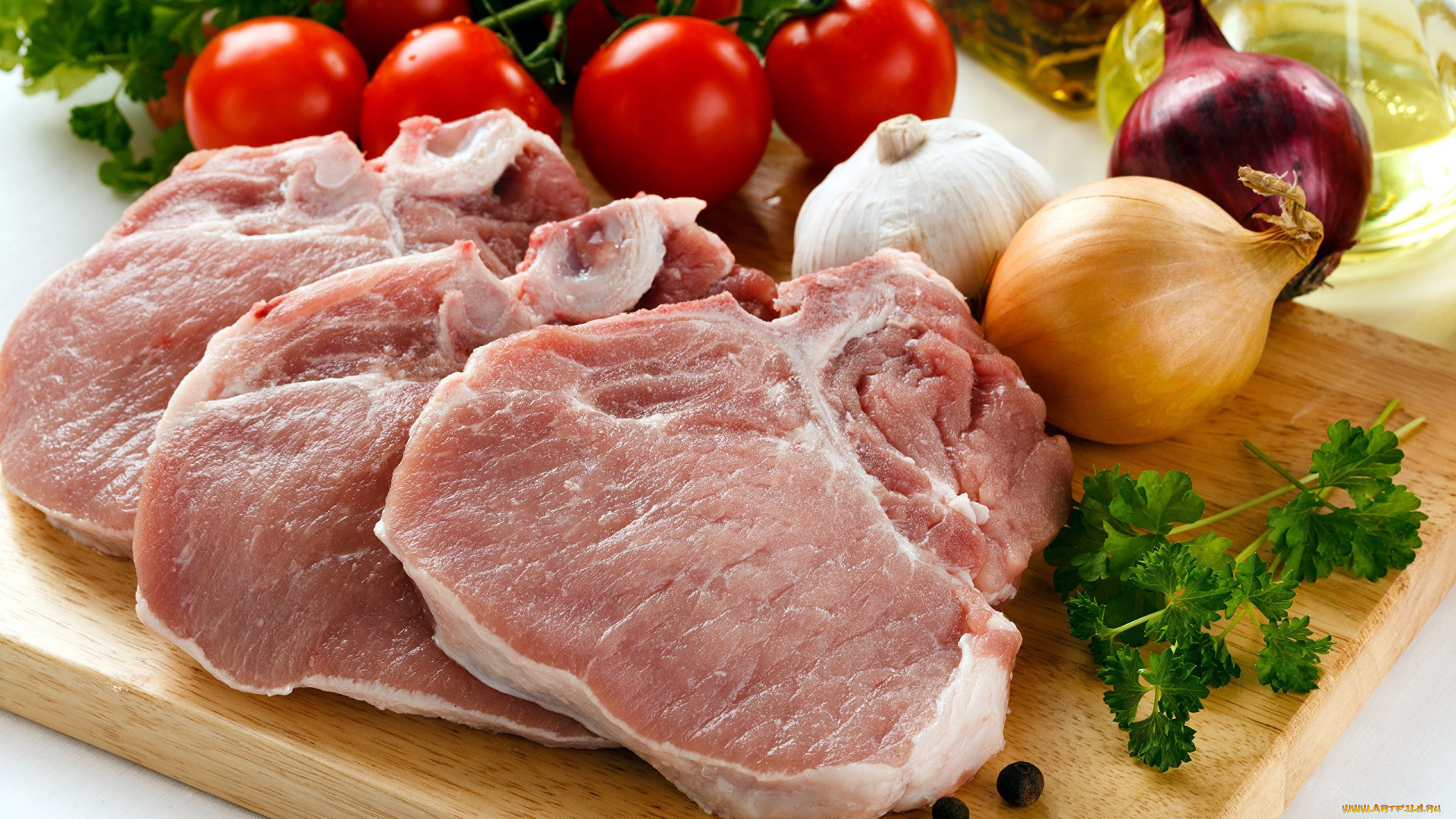 еда, мясные, блюда, чеснок, лук, мясо, стейк, помидоры, томаты