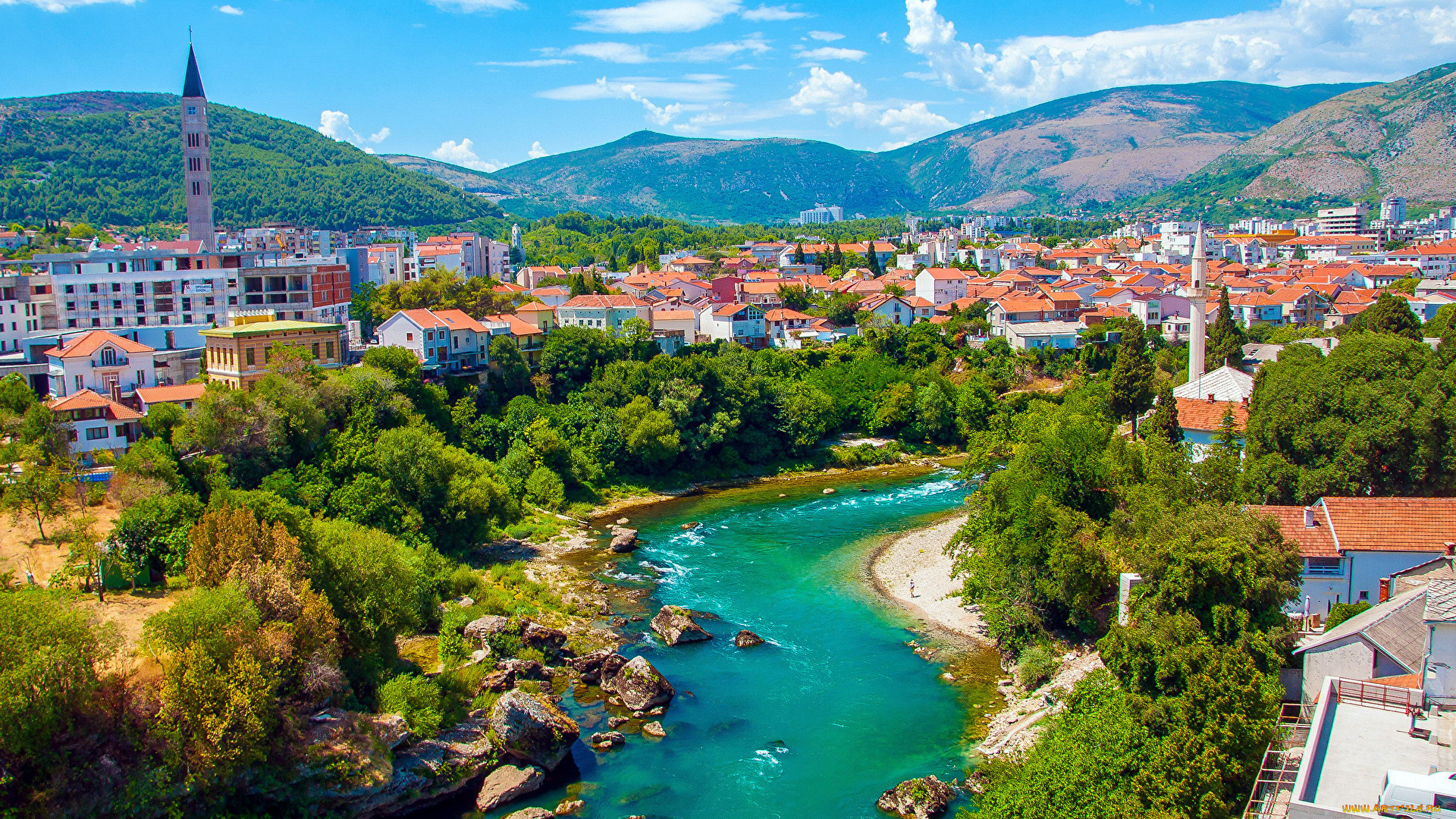 города, мостар, , босния, и, герцеговина, горы, река, панорама