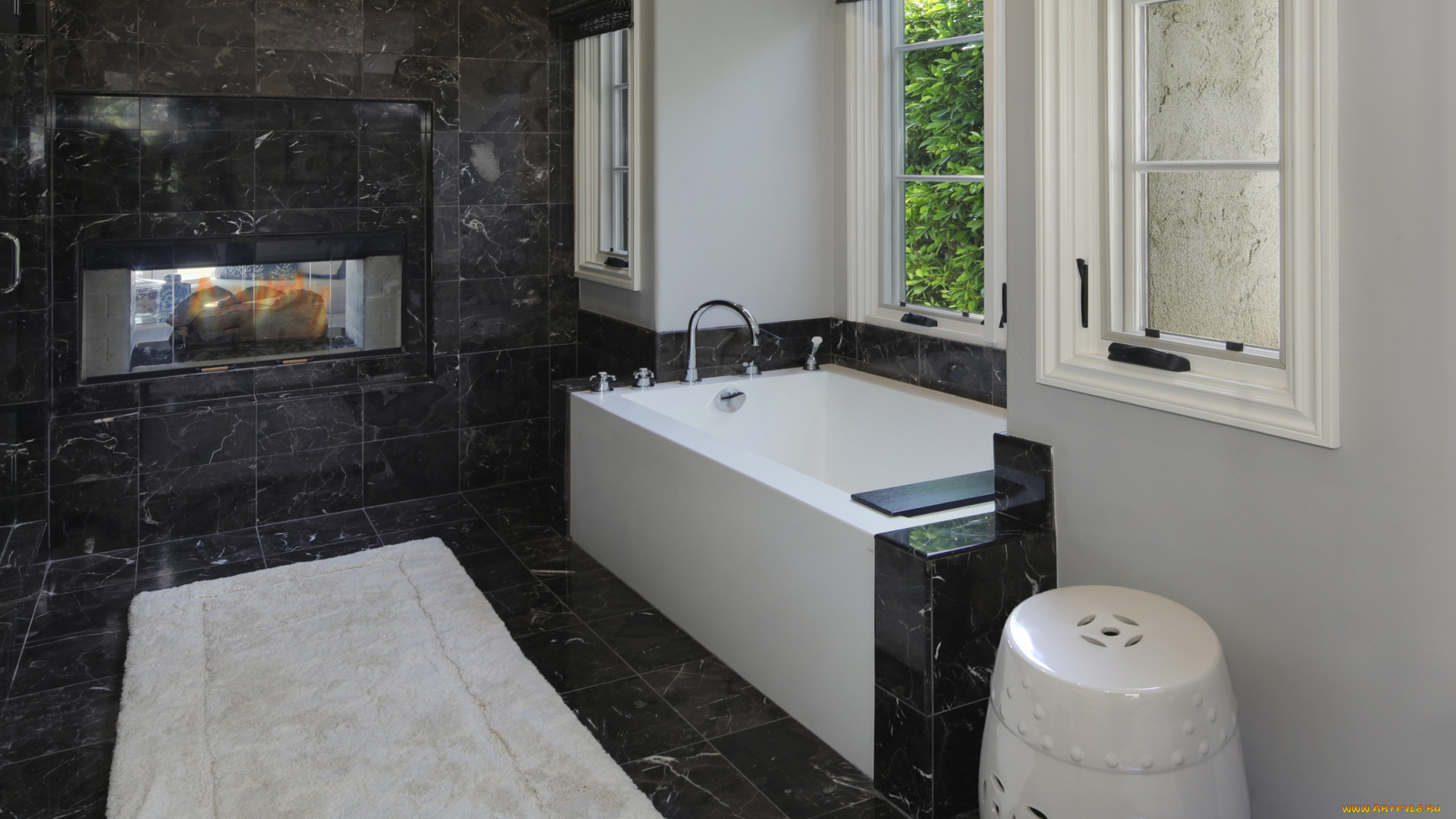 интерьер, ванная, и, туалетная, комнаты, окно, корзина, ванна, коврик, огонь, мрамор