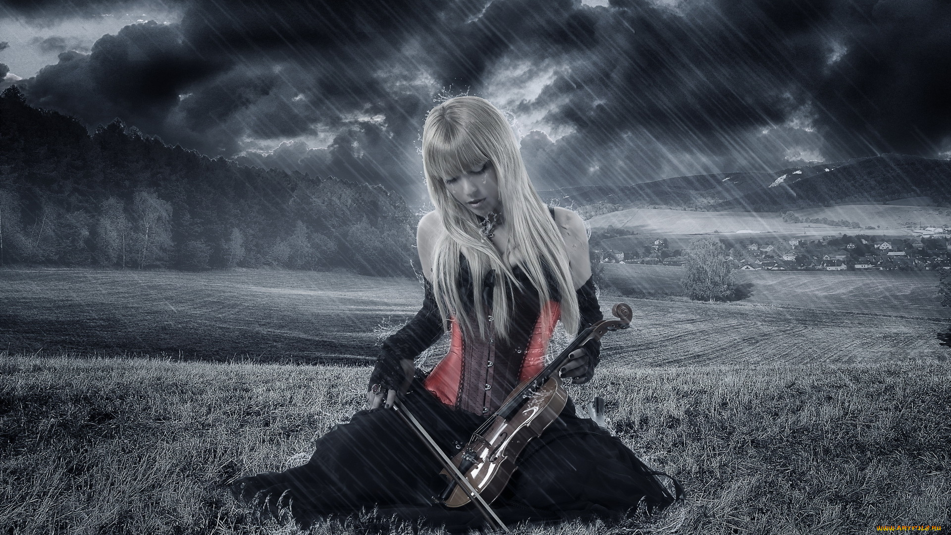 музыка, -другое, природа, туча, дождь, скрипка, девушка
