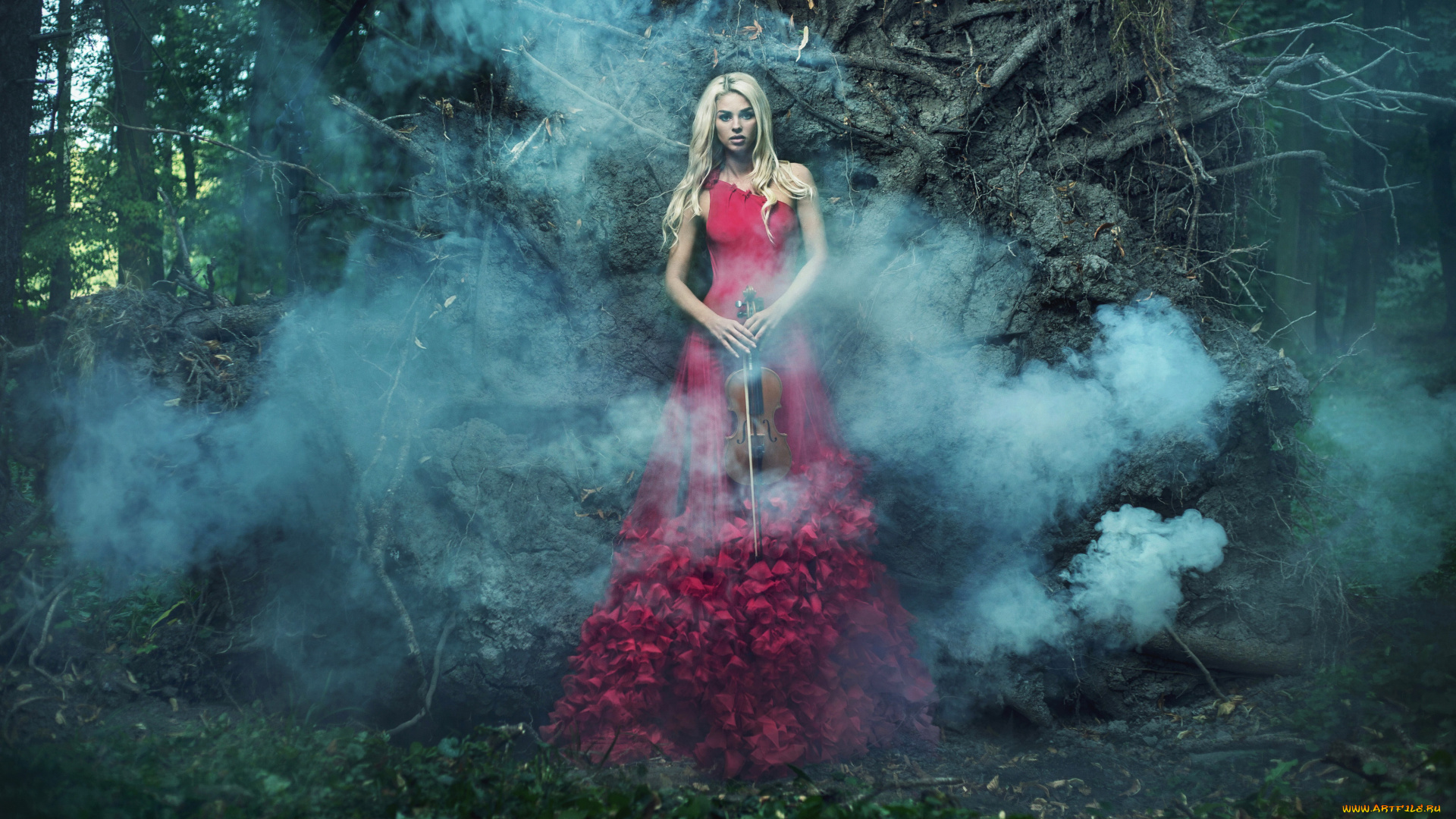 музыка, -другое, взгляд, девушка, природа, дым, скрипка, растения