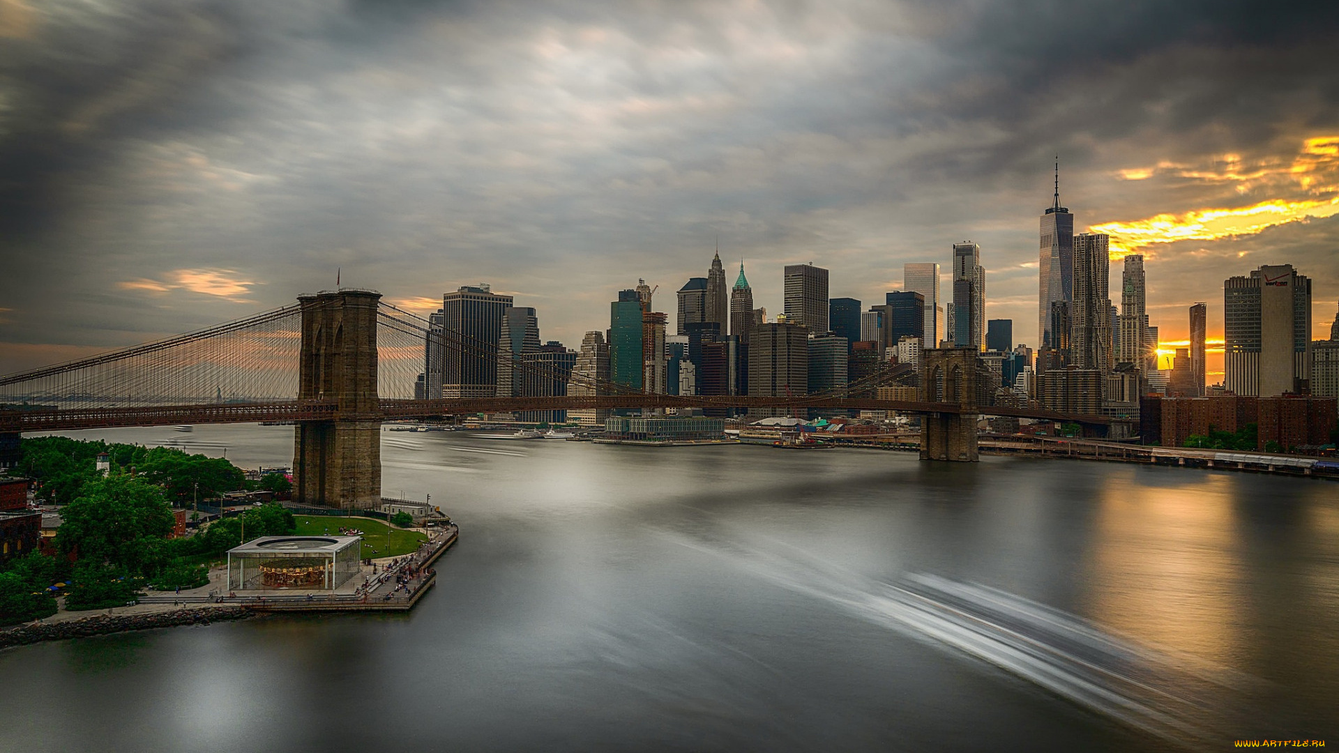 нью-йорк, , ист-ривер, , манхэттен, , сша, города, нью-йорк, , сша, ист-ривер, закат, подвесной, мост, бруклин, манхэттен, всемирный, торговый, центр, небоскребы, 4, июля, городской, пейзаж, бруклинский