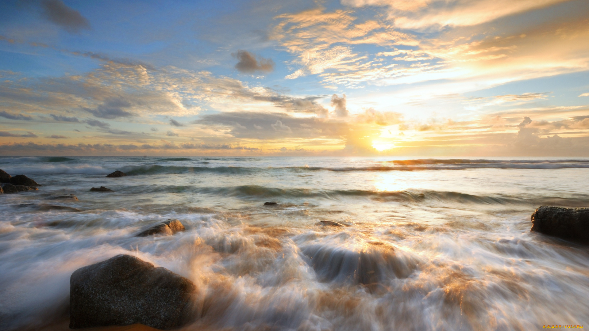 природа, моря, океаны, summer, лето, wave, sea, пляж, beautiful, камни, закат, beach, песок, море, sand, sunset, волны, seascape