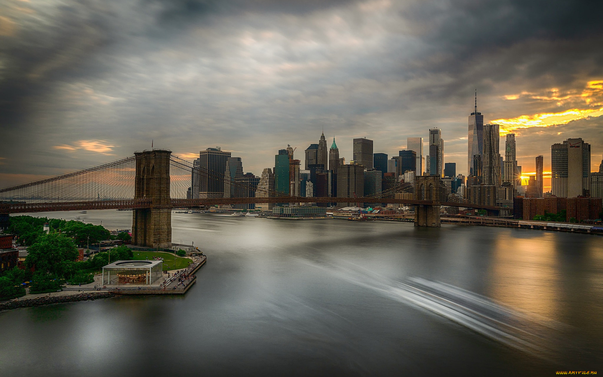 нью-йорк, , ист-ривер, , манхэттен, , сша, города, нью-йорк, , сша, ист-ривер, закат, подвесной, мост, бруклин, манхэттен, всемирный, торговый, центр, небоскребы, 4, июля, городской, пейзаж, бруклинский
