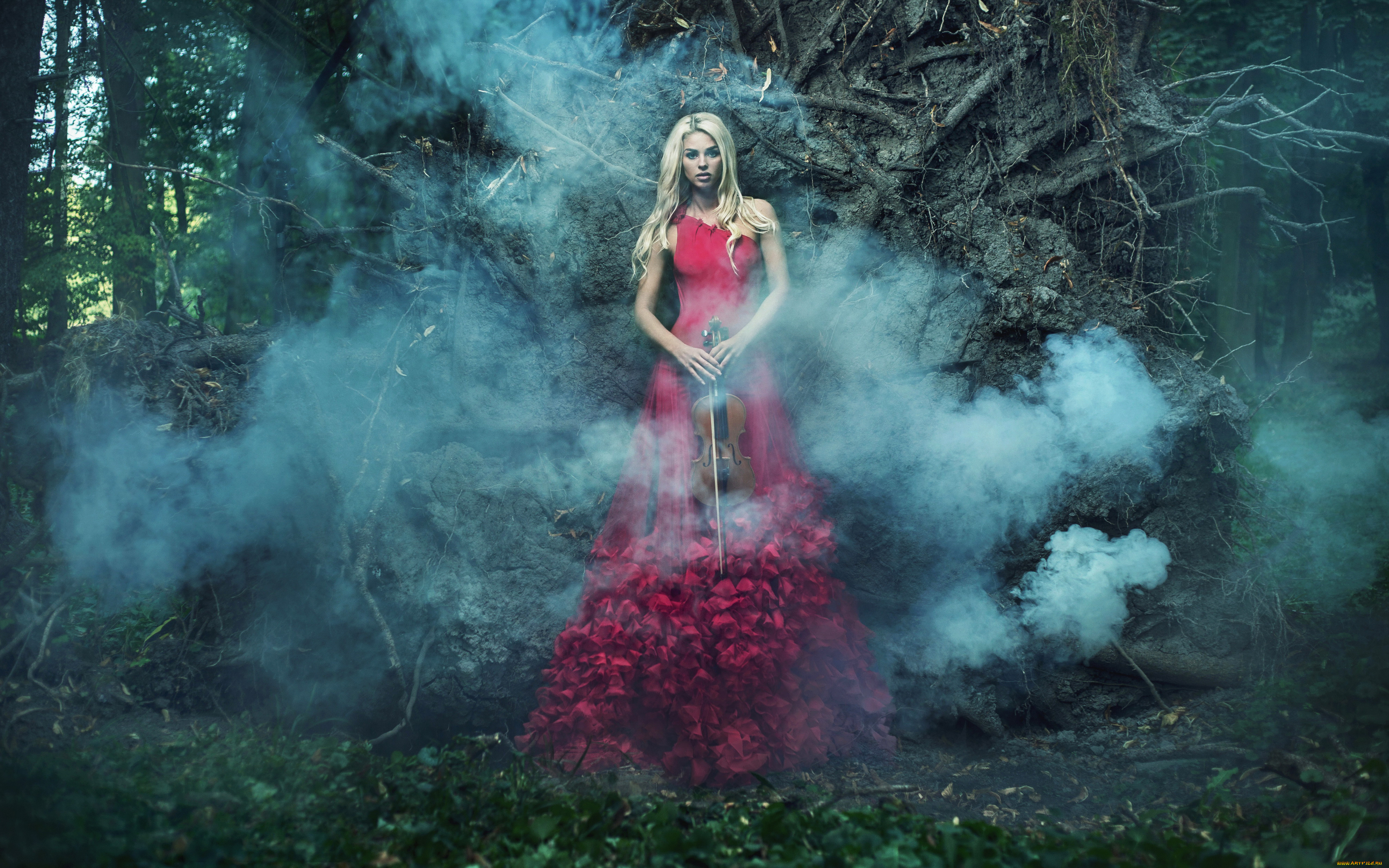 музыка, -другое, взгляд, девушка, природа, дым, скрипка, растения