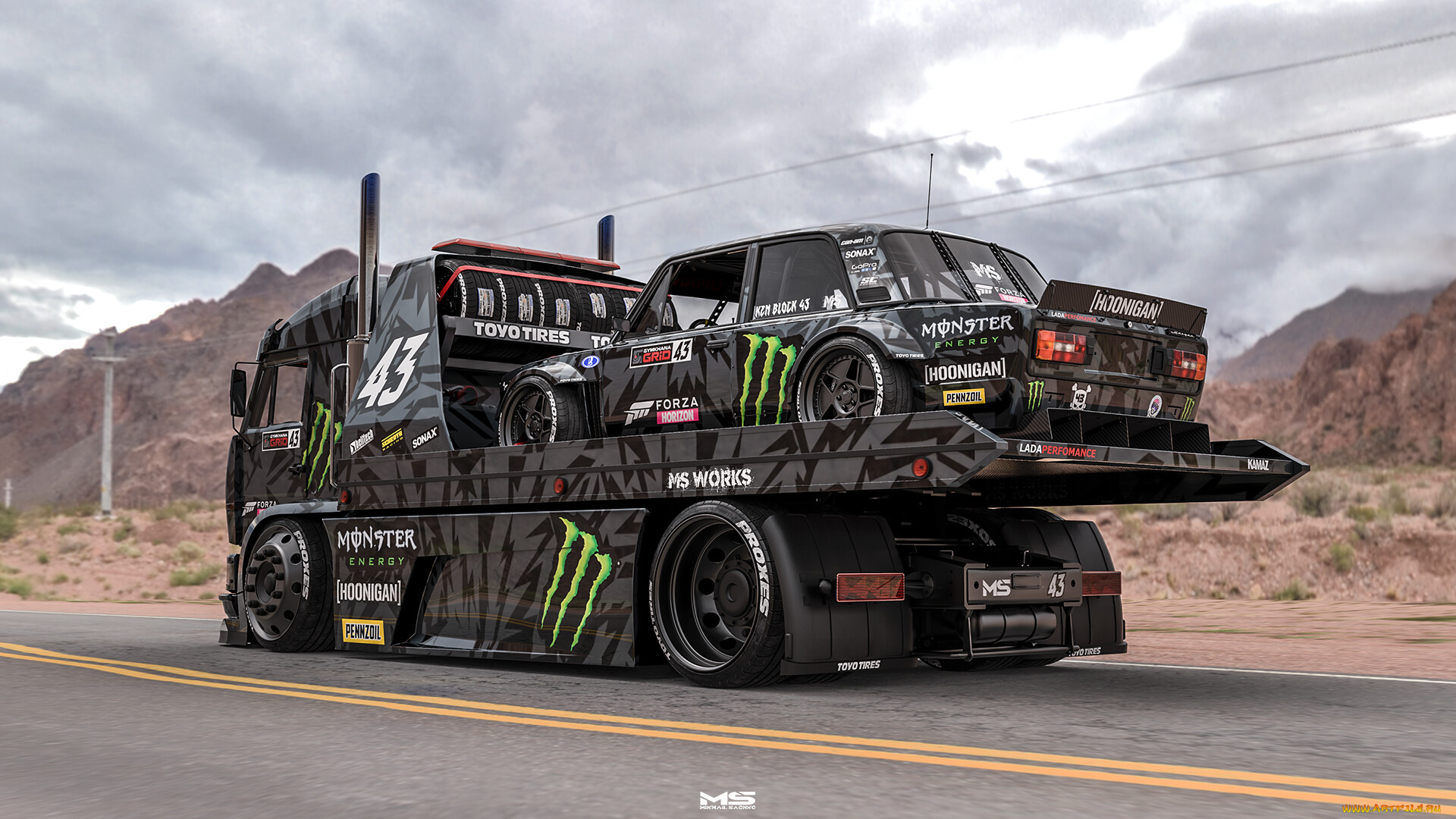 автомобили, виртуальный, тюнинг, kamaz, tow, hoonitruck, and, lada