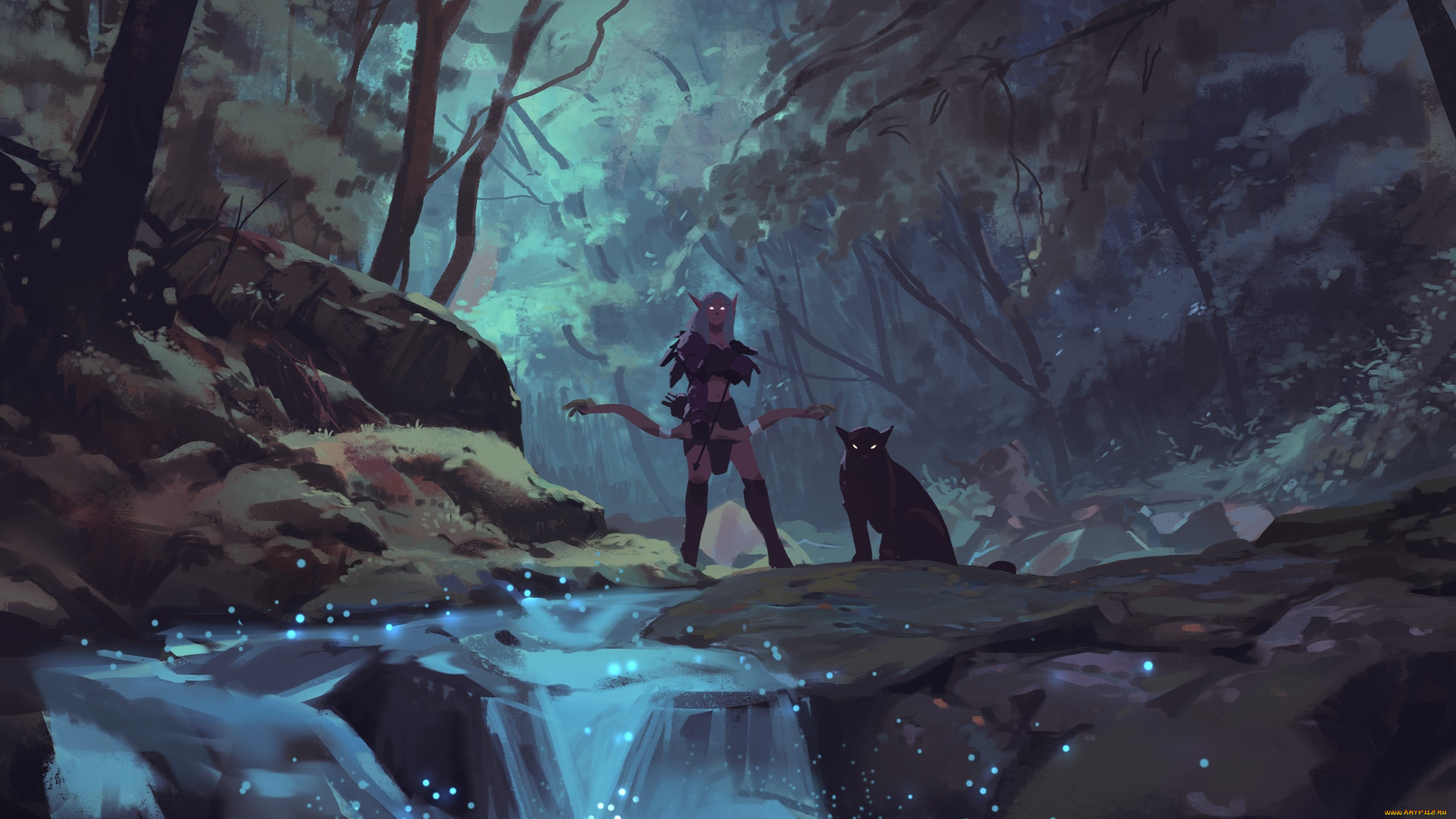 видео, игры, world, of, warcraft, эльф, пантера, лес, лук, ручей