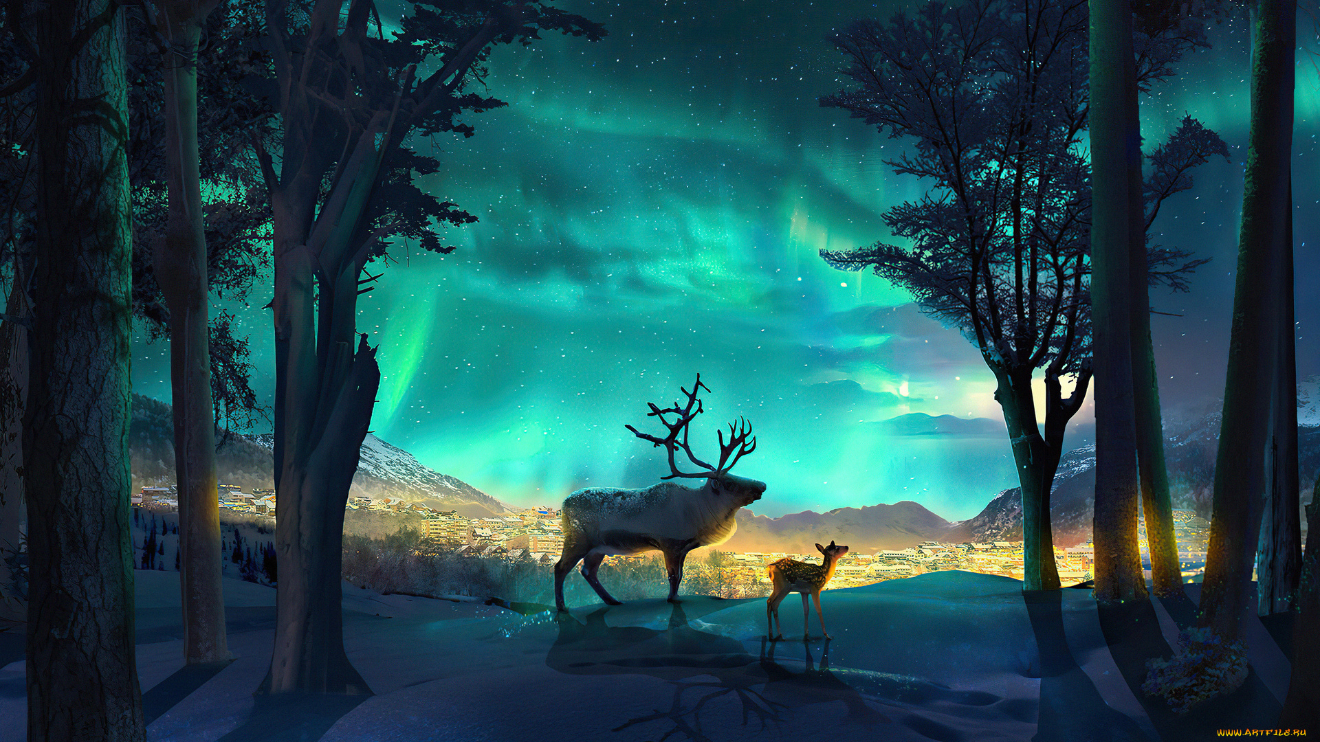 рисованное, животные, , олени, олени