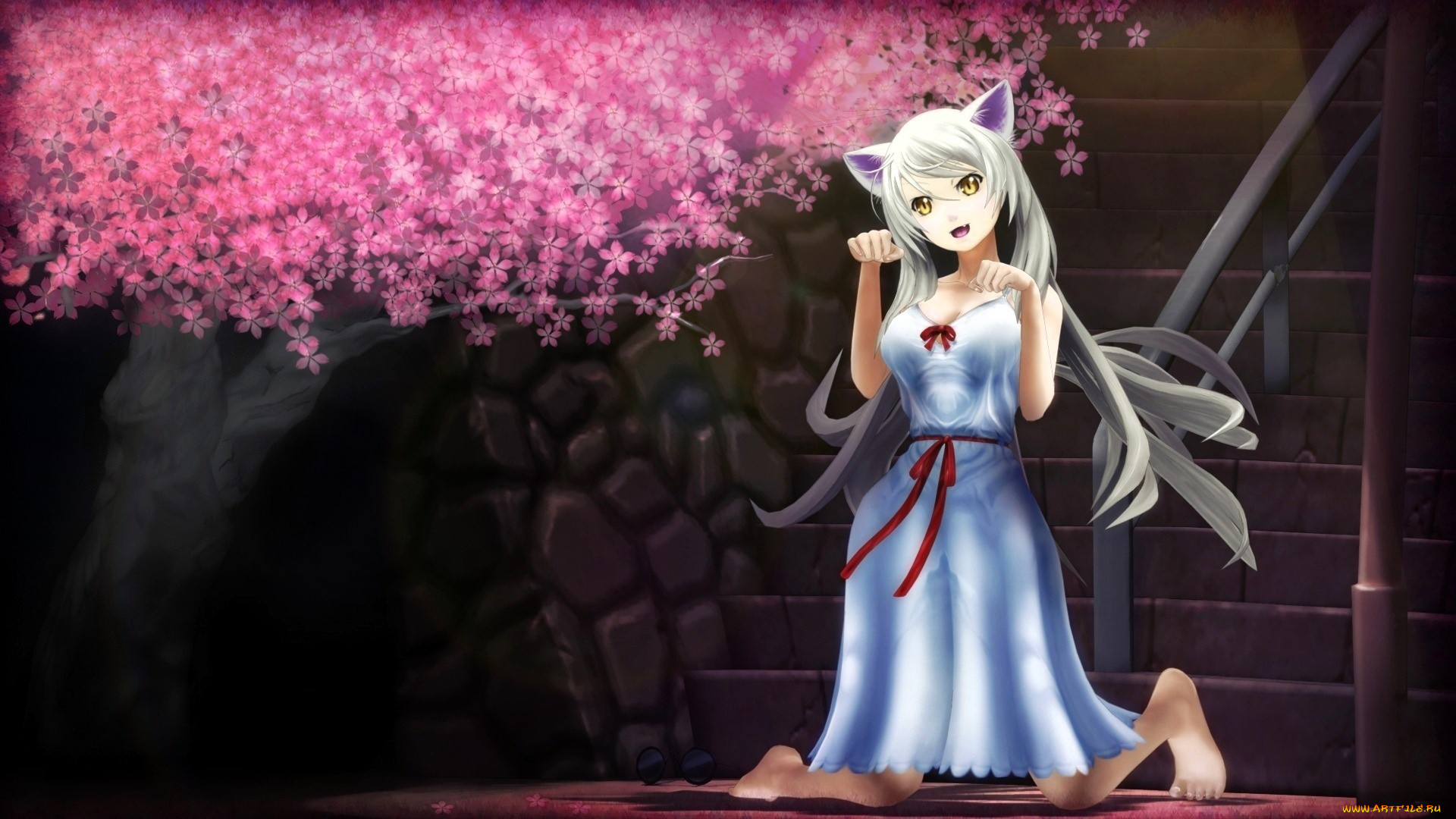 аниме, животные, , существа, девушка, ушки, платье, дерево, цветение, лестница