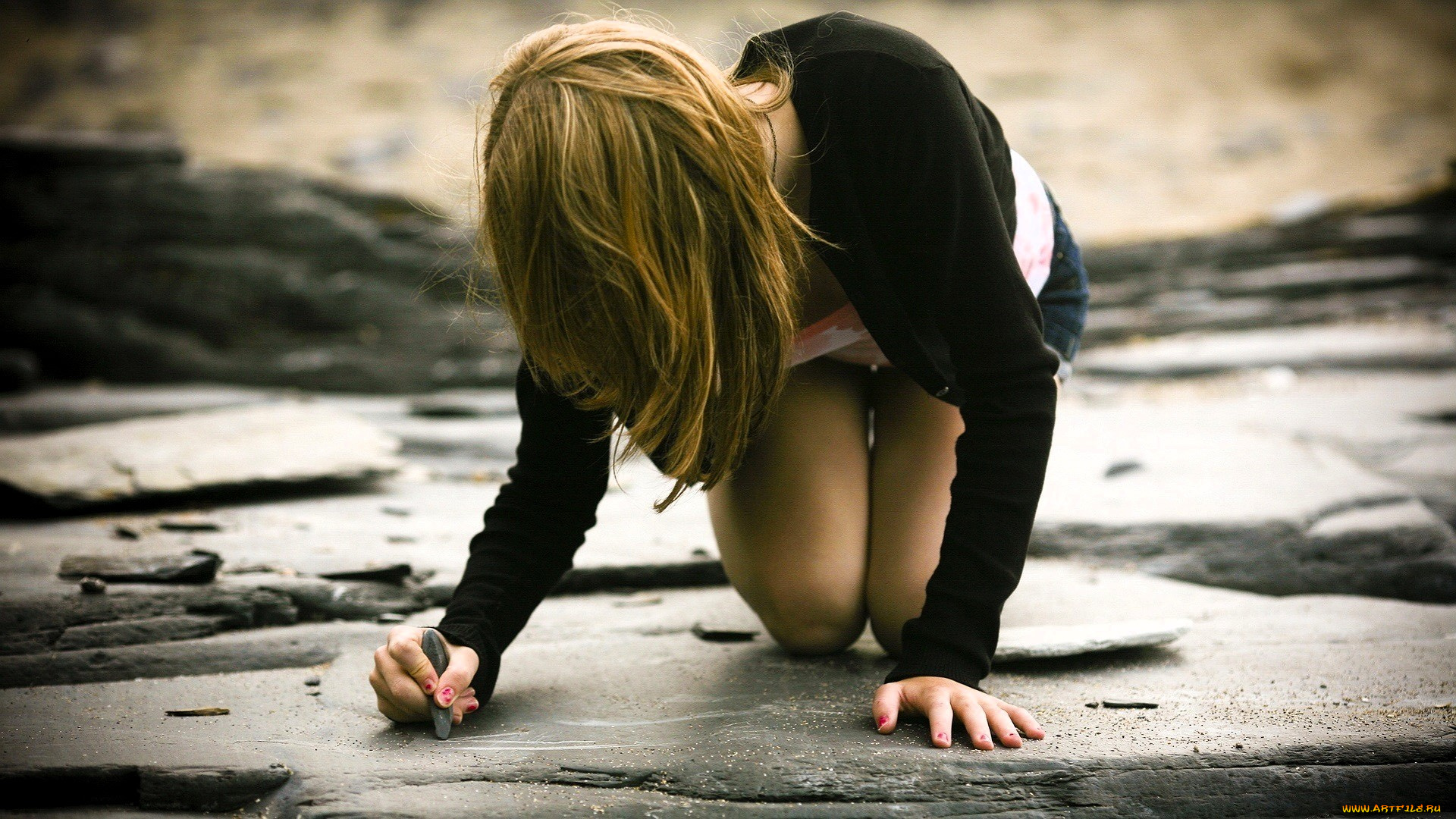 девушки, -, блондинки, , светловолосые, блондинка, кофта, камни, мел, рисунок