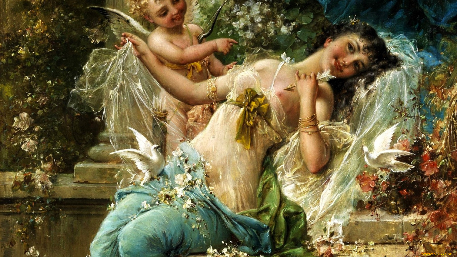 рисованное, hans, zatzka, девушка, стрела, купидон, голубь, цветы