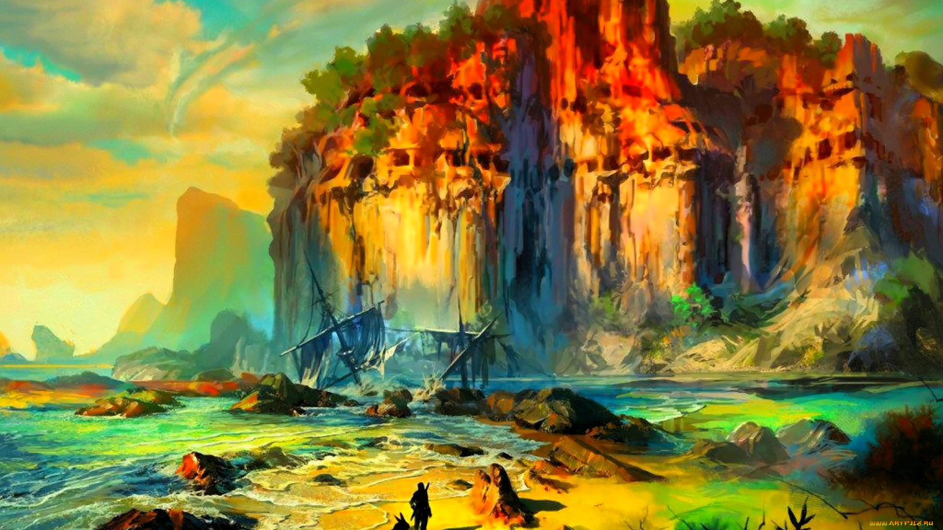 видео, игры, tera, скала, берег, море, камни, корабль, человек