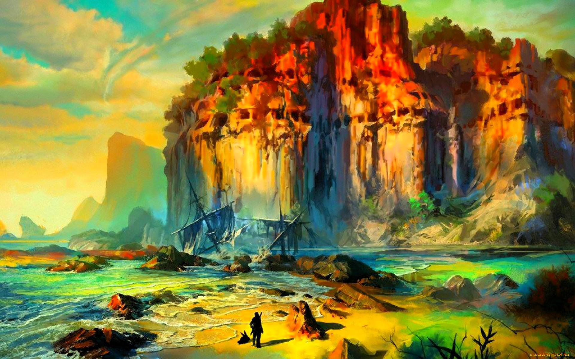 видео, игры, tera, скала, берег, море, камни, корабль, человек