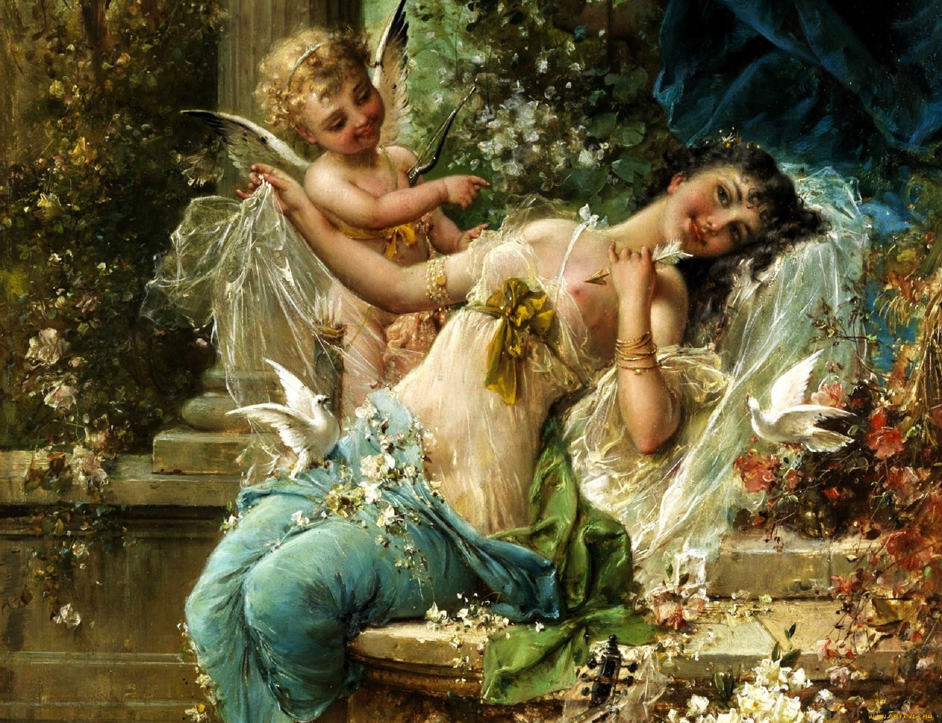 рисованное, hans, zatzka, девушка, стрела, купидон, голубь, цветы