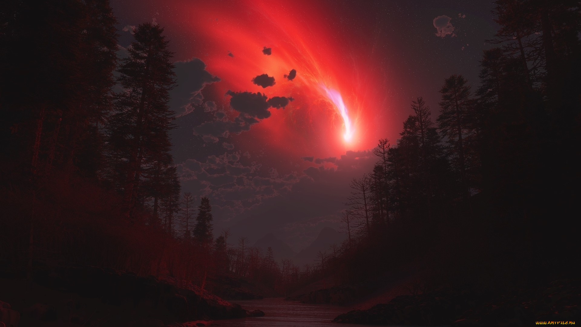 3д, графика, atmosphere, mood, атмосфера, настроения, ночь, речка, комета, сияние, лес