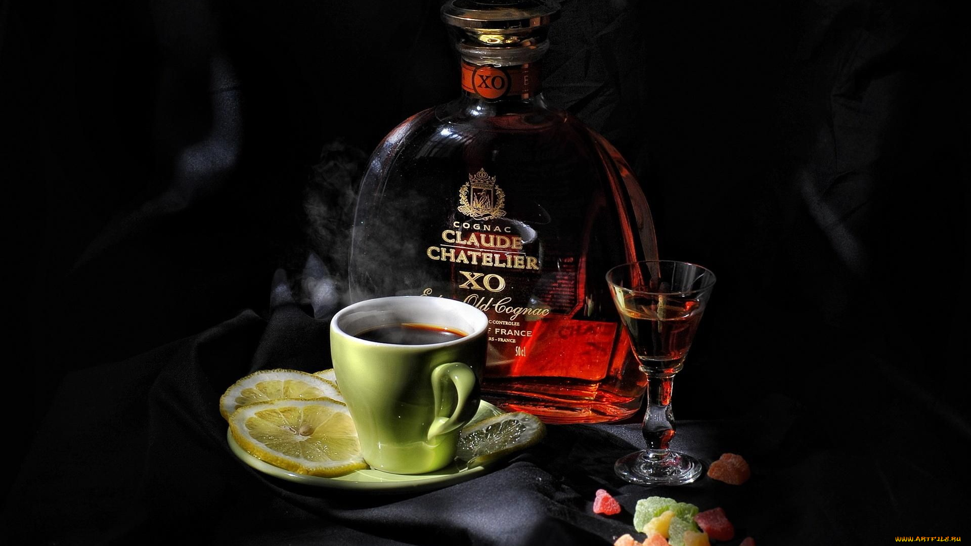 еда, напитки, бутылка, лимон, кофе, чашка, блюдце, рюмка, коньяк