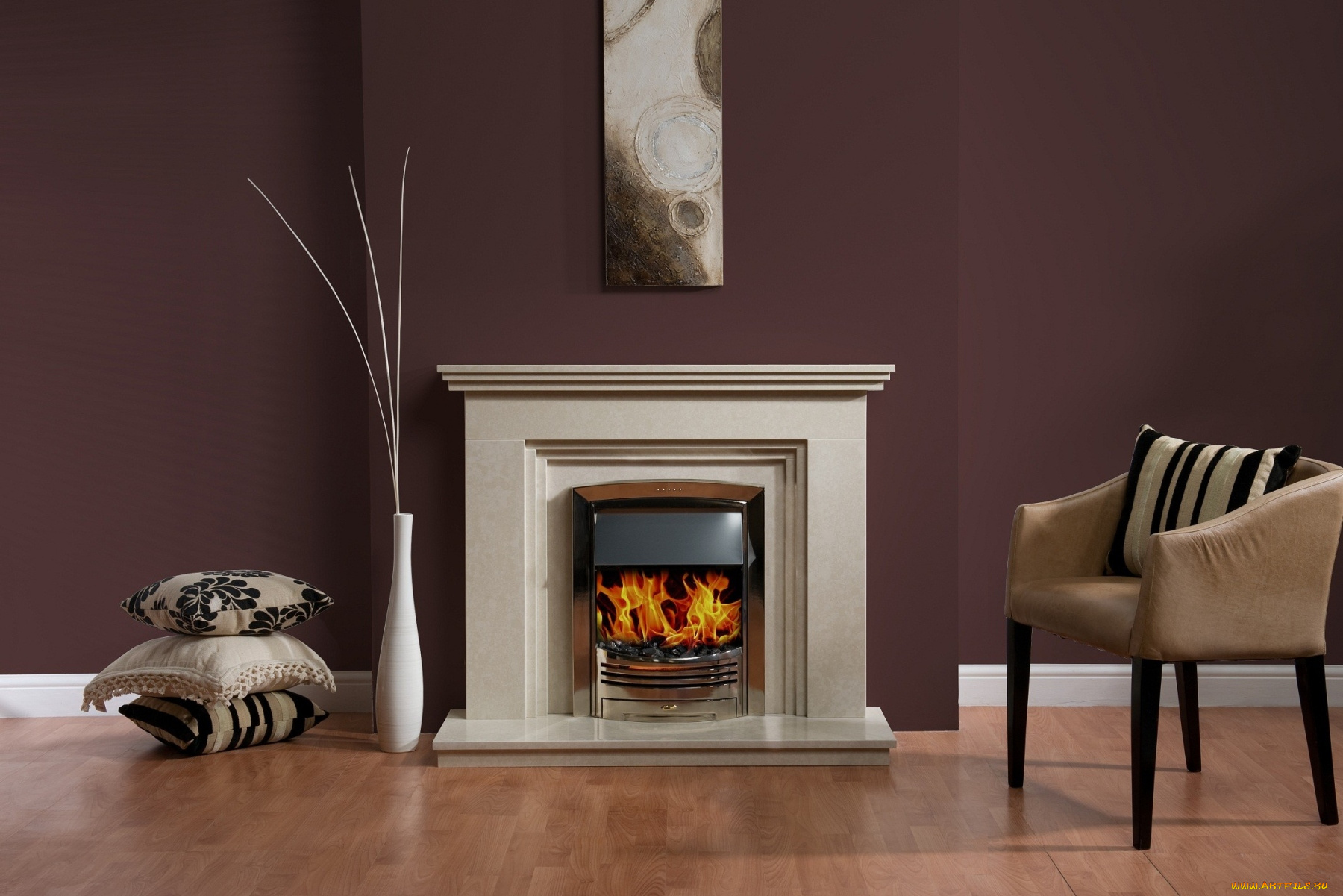 интерьер, камины, ваза, кресло, подушки, огонь