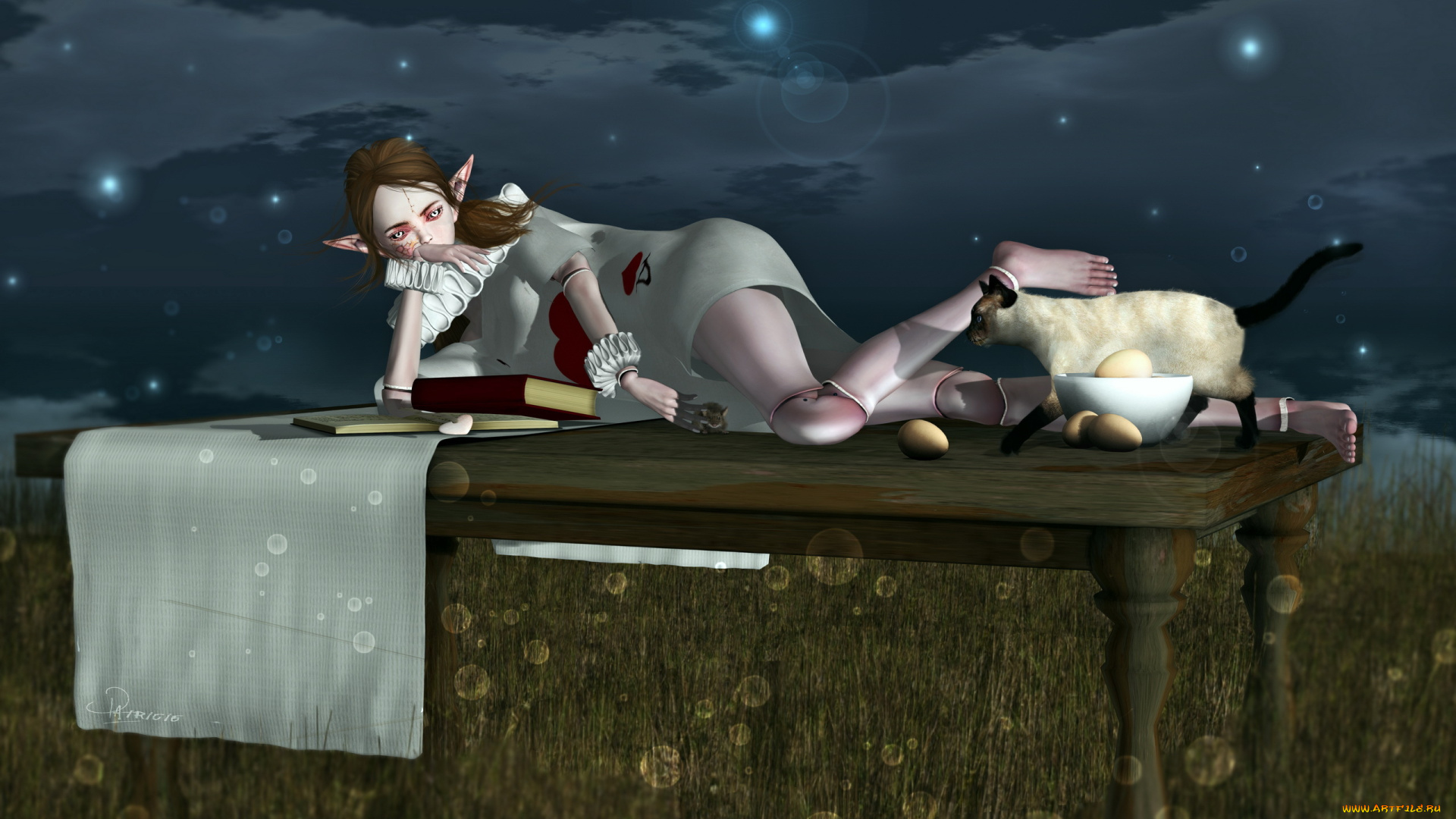 3д, графика, elves, эльфы, книги, эльфийка, кот