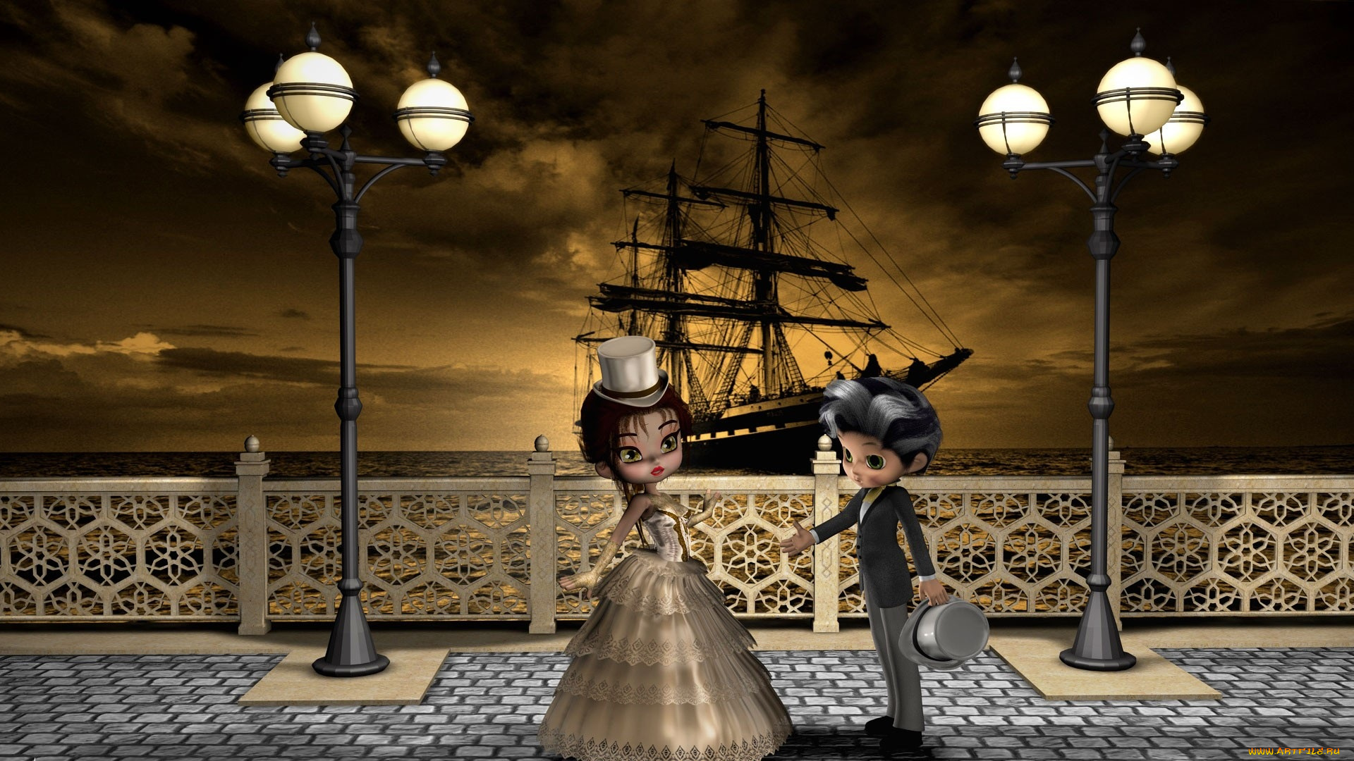 3д, графика, people, люди, фонари, парусник