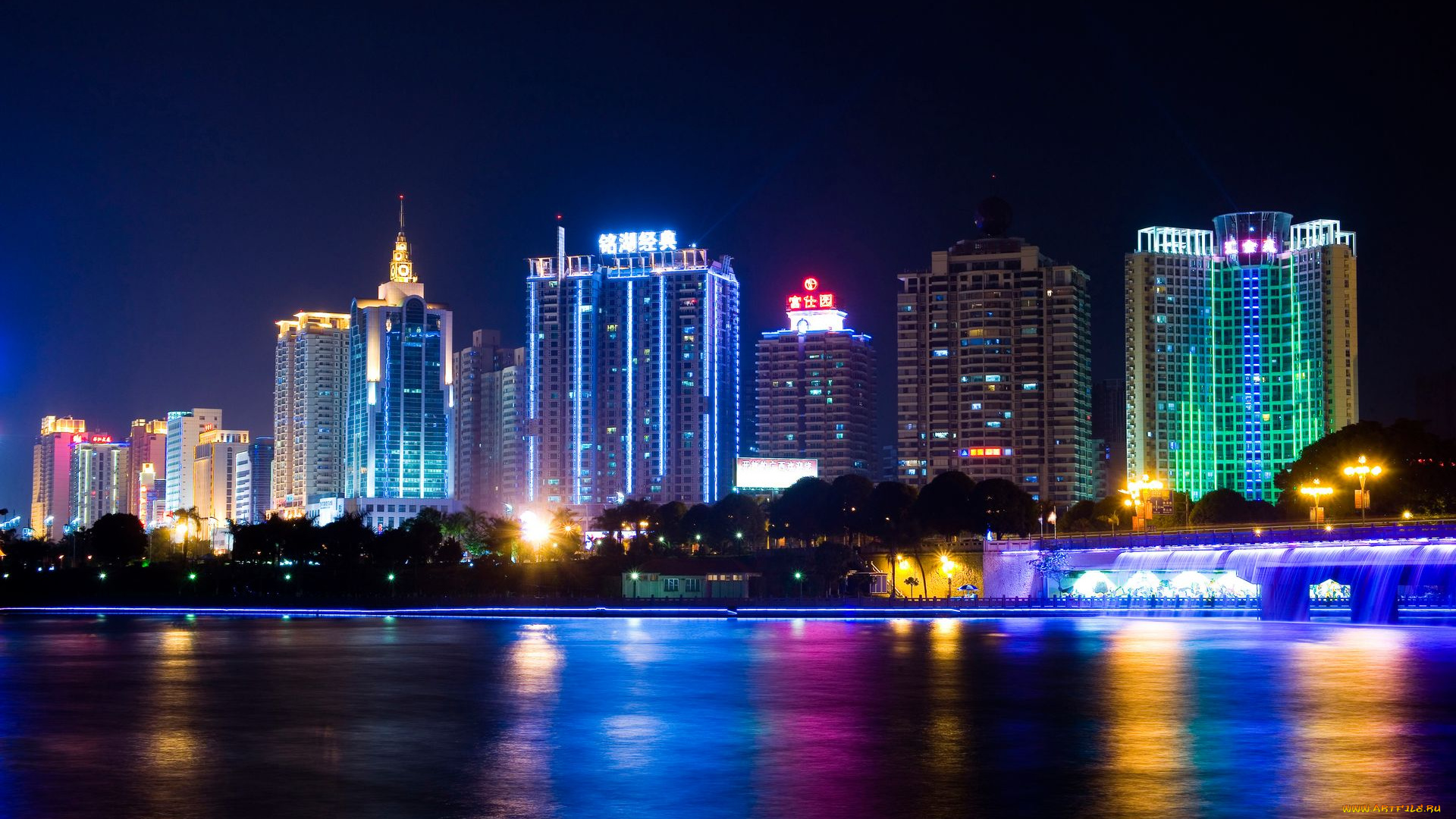 города, огни, ночного, дома, ночь