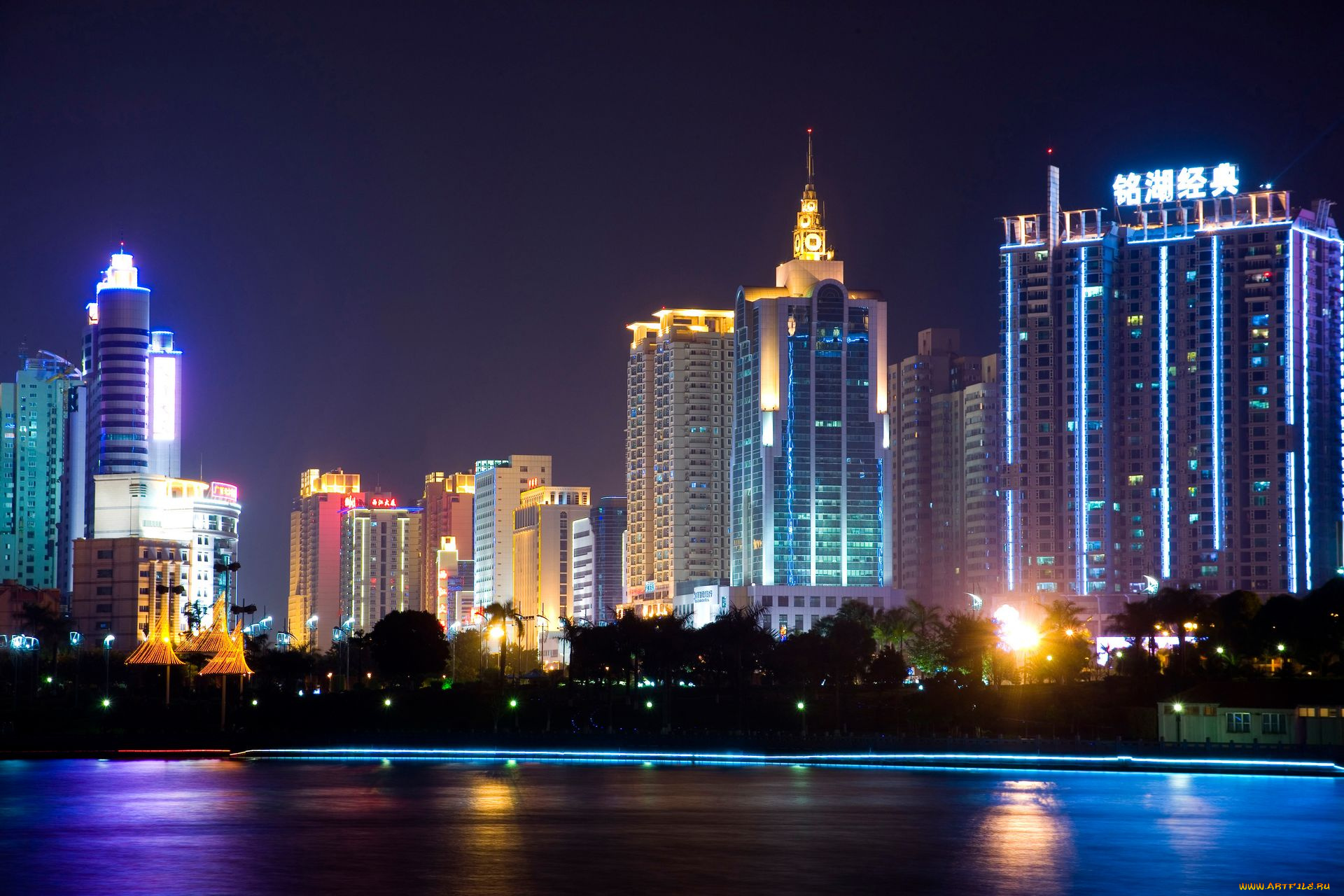 города, огни, ночного, дома, ночь