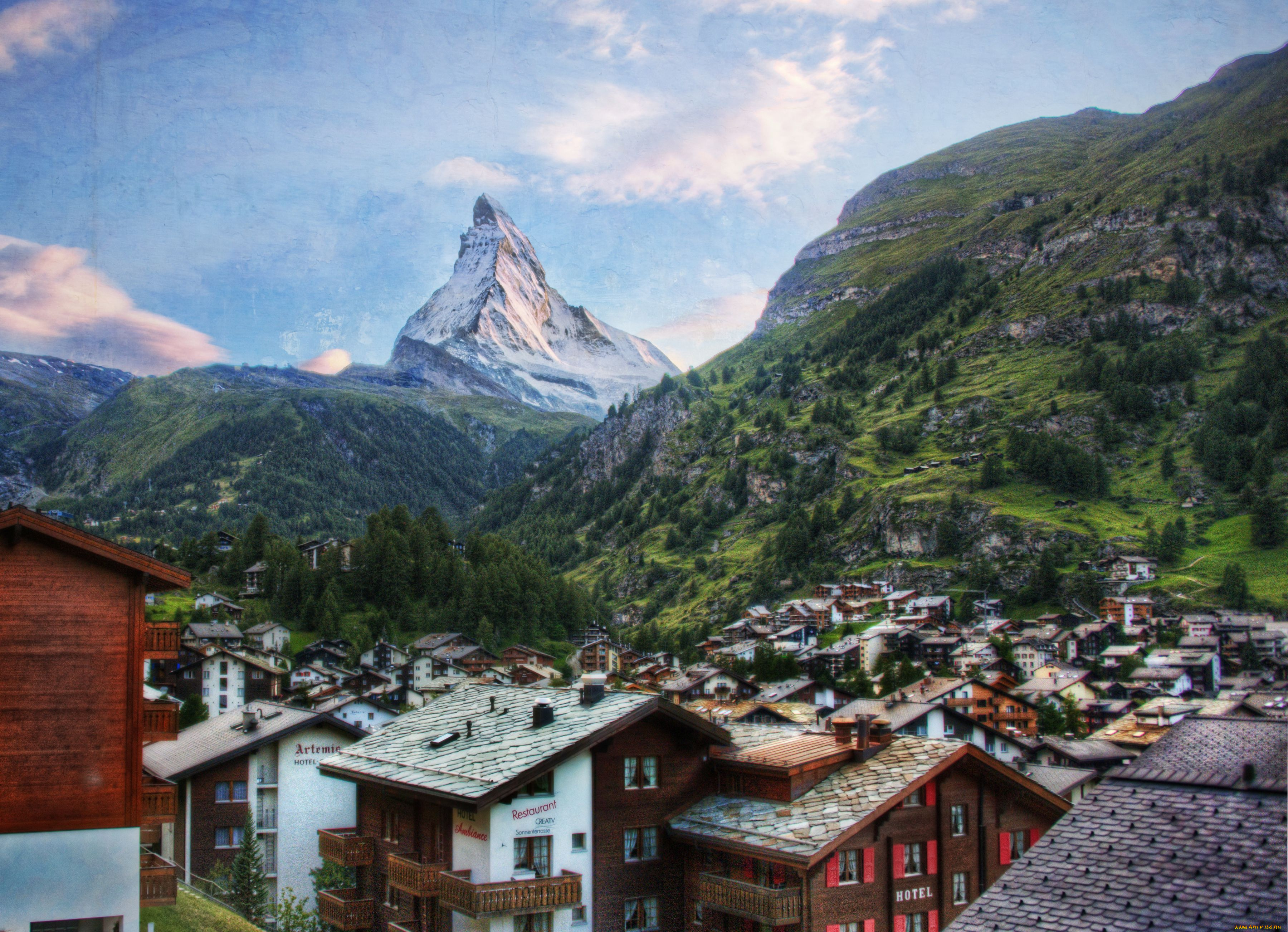 zermatt, switzerland, города, пейзажи, швейцария, горы, дома, пейзаж
