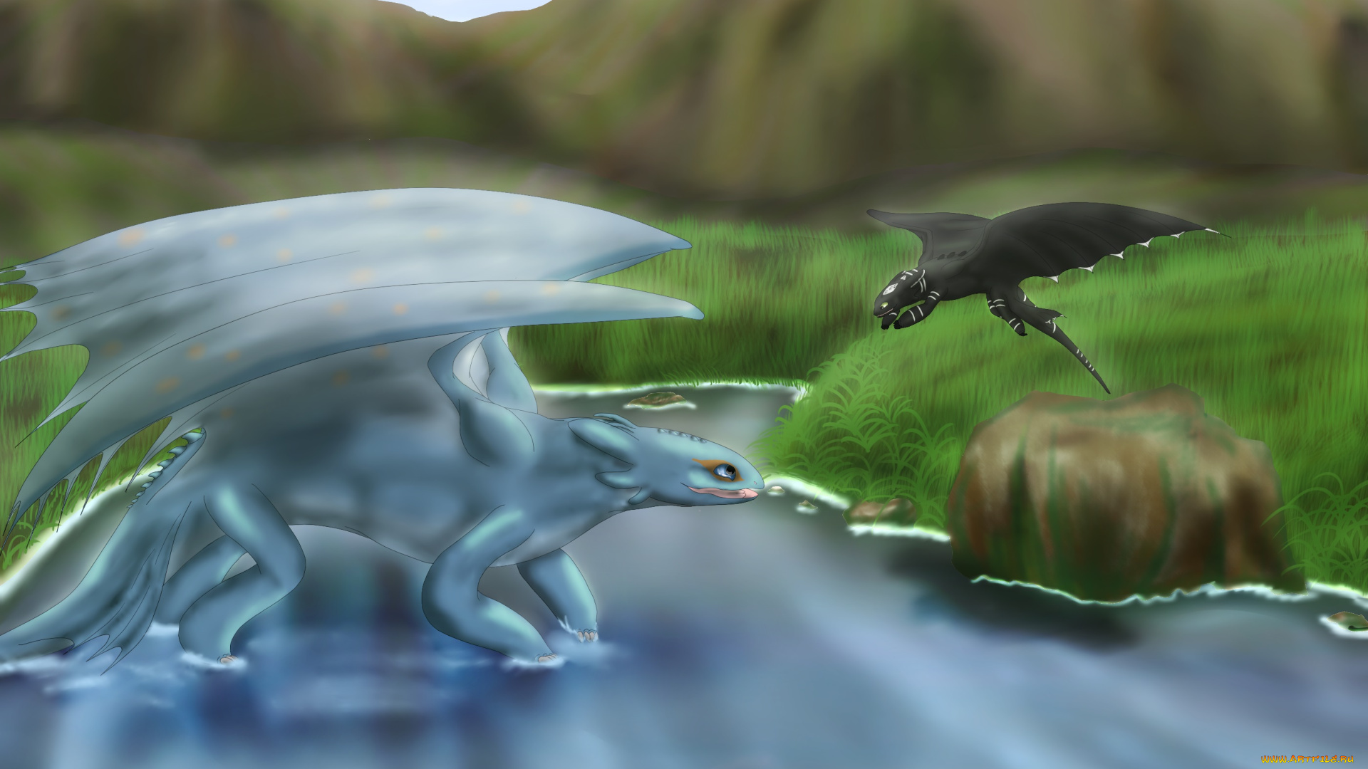 рисованные, животные, сказочные, мифические, река, драконы