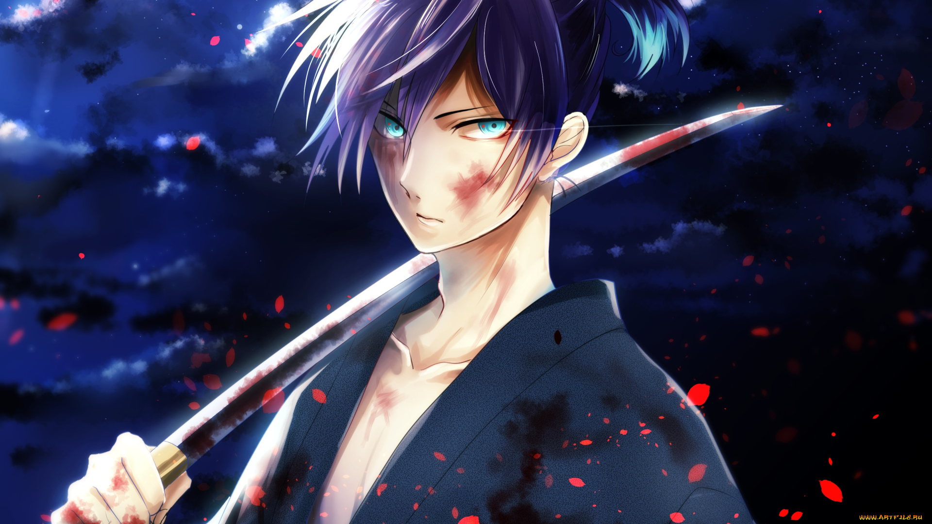 аниме, noragami, hsk10, hkm, арт, парень, yato, кимоно, оружие, ночь, облака, небо, луна, кровь, катана