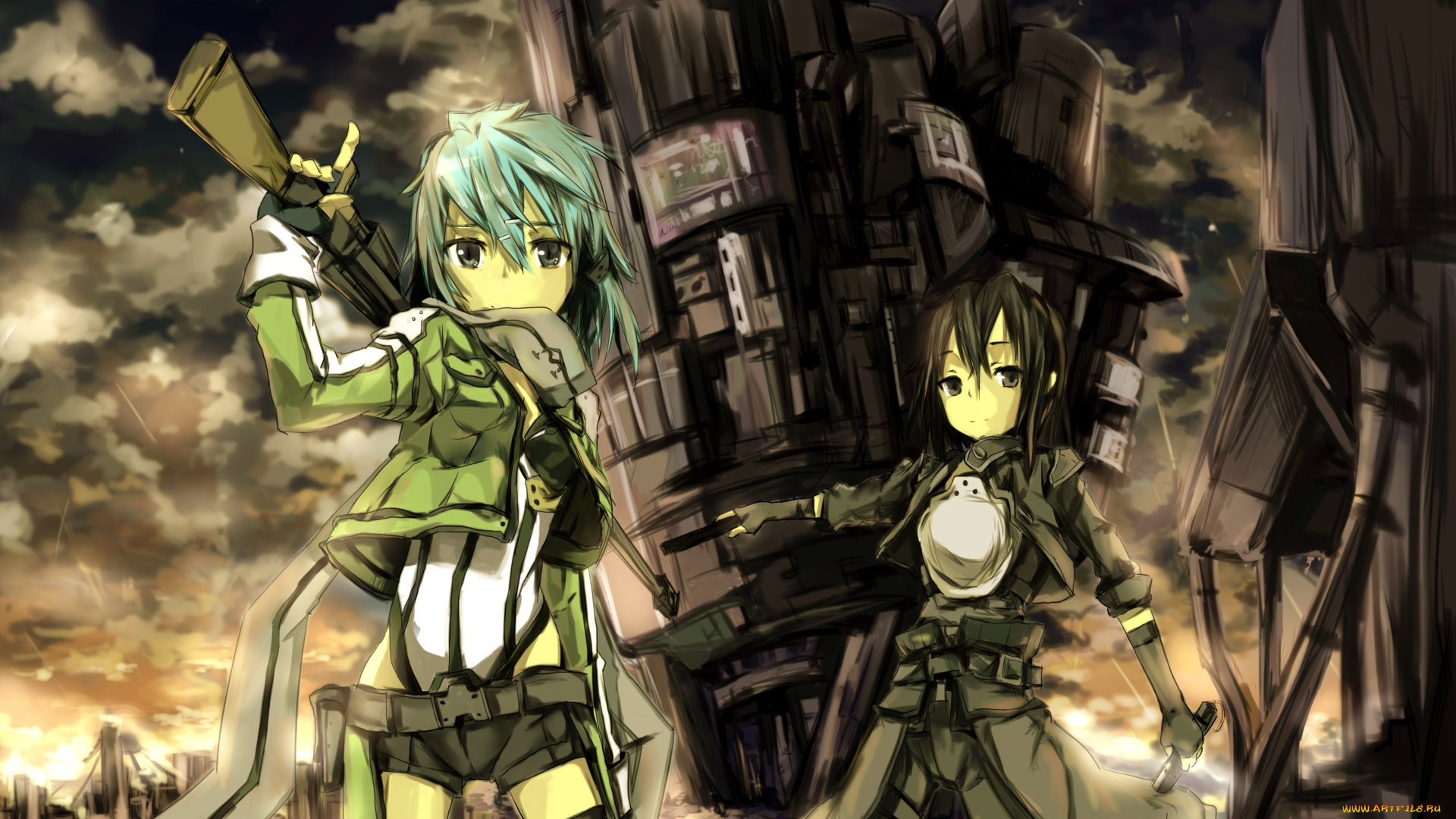 аниме, sword, art, online, shinon, kirigaya, kazuto, sword, art, online, gun, gale, gensou, kuro, usagi, арт, облака, небо, оружие, девушки