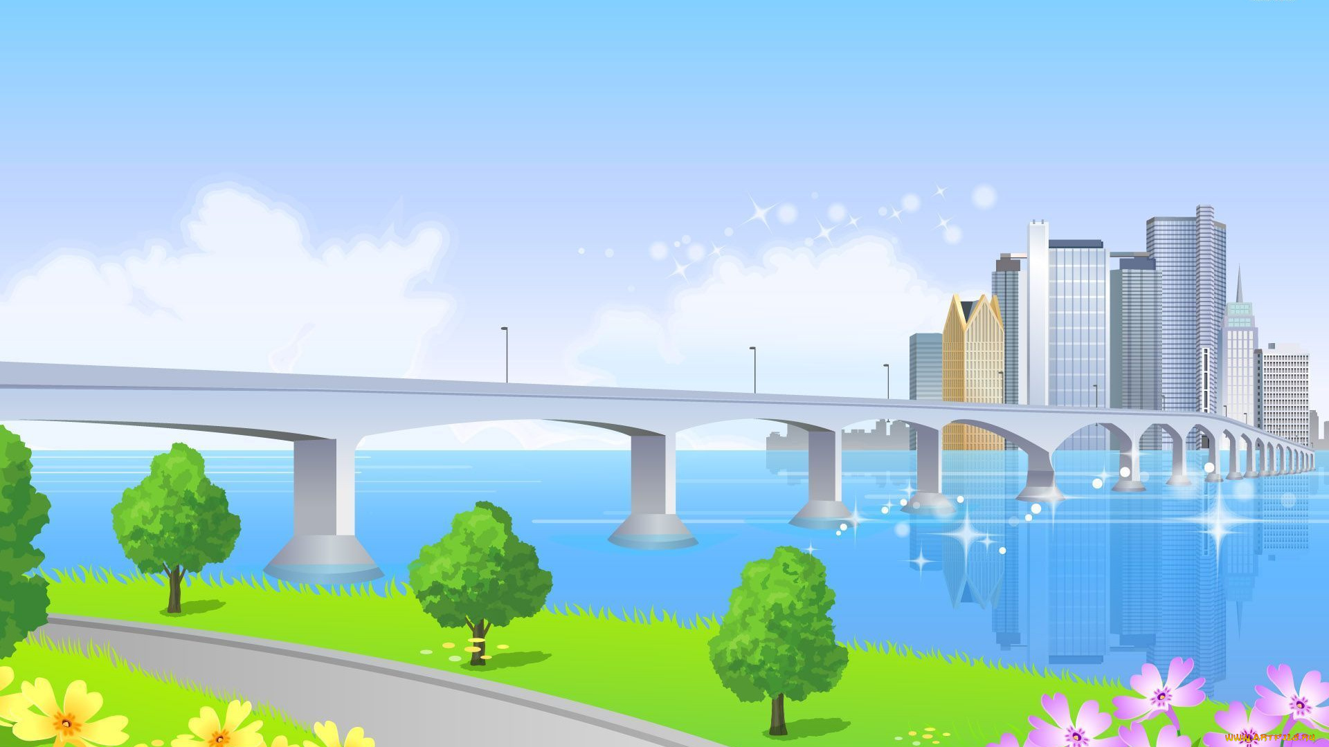 векторная, графика, город, мост