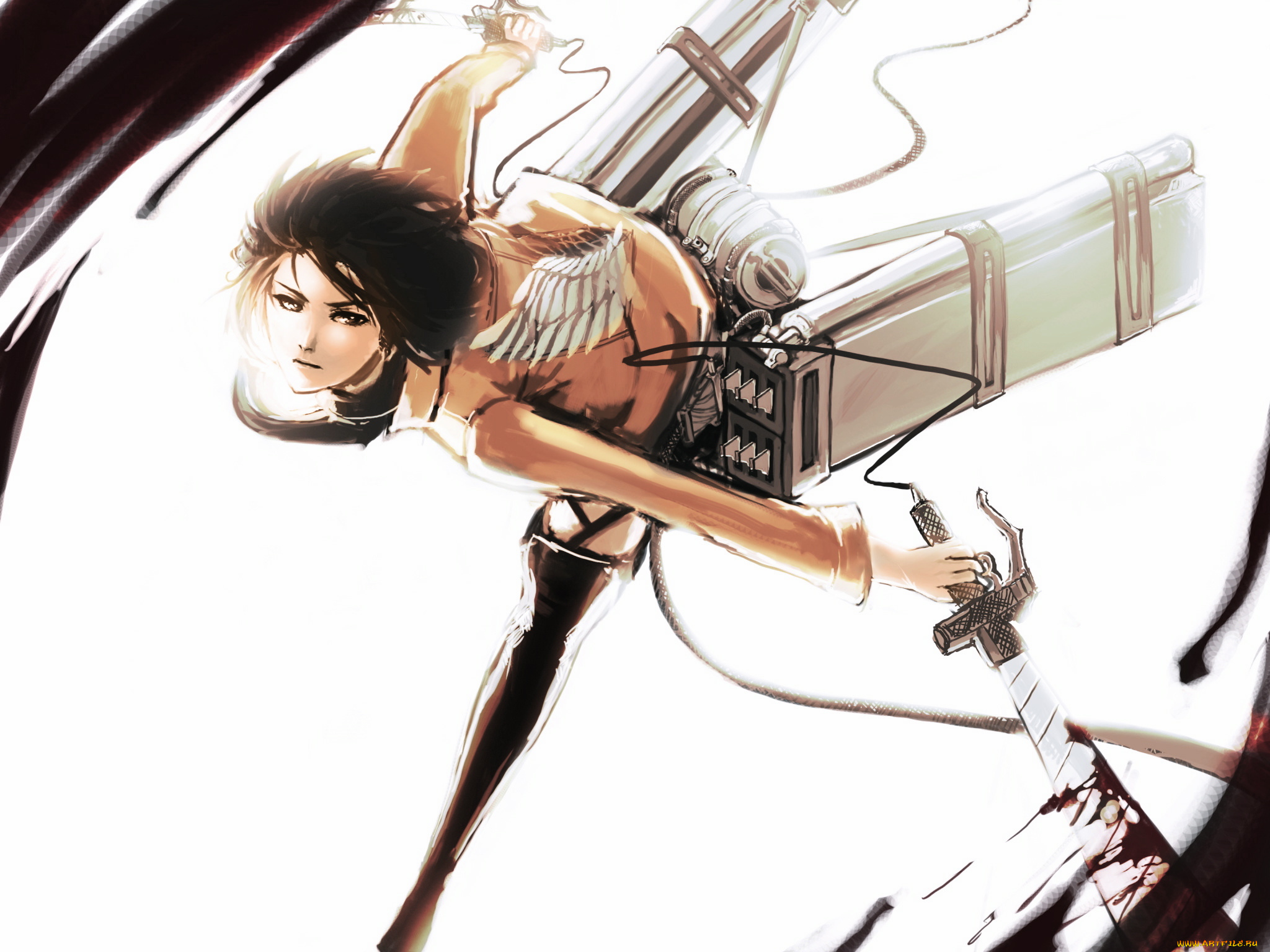 аниме, shingeki, no, kyojin, вторжение, гигантов, солдат, белый, фон, микаса, арт, атака, титанов