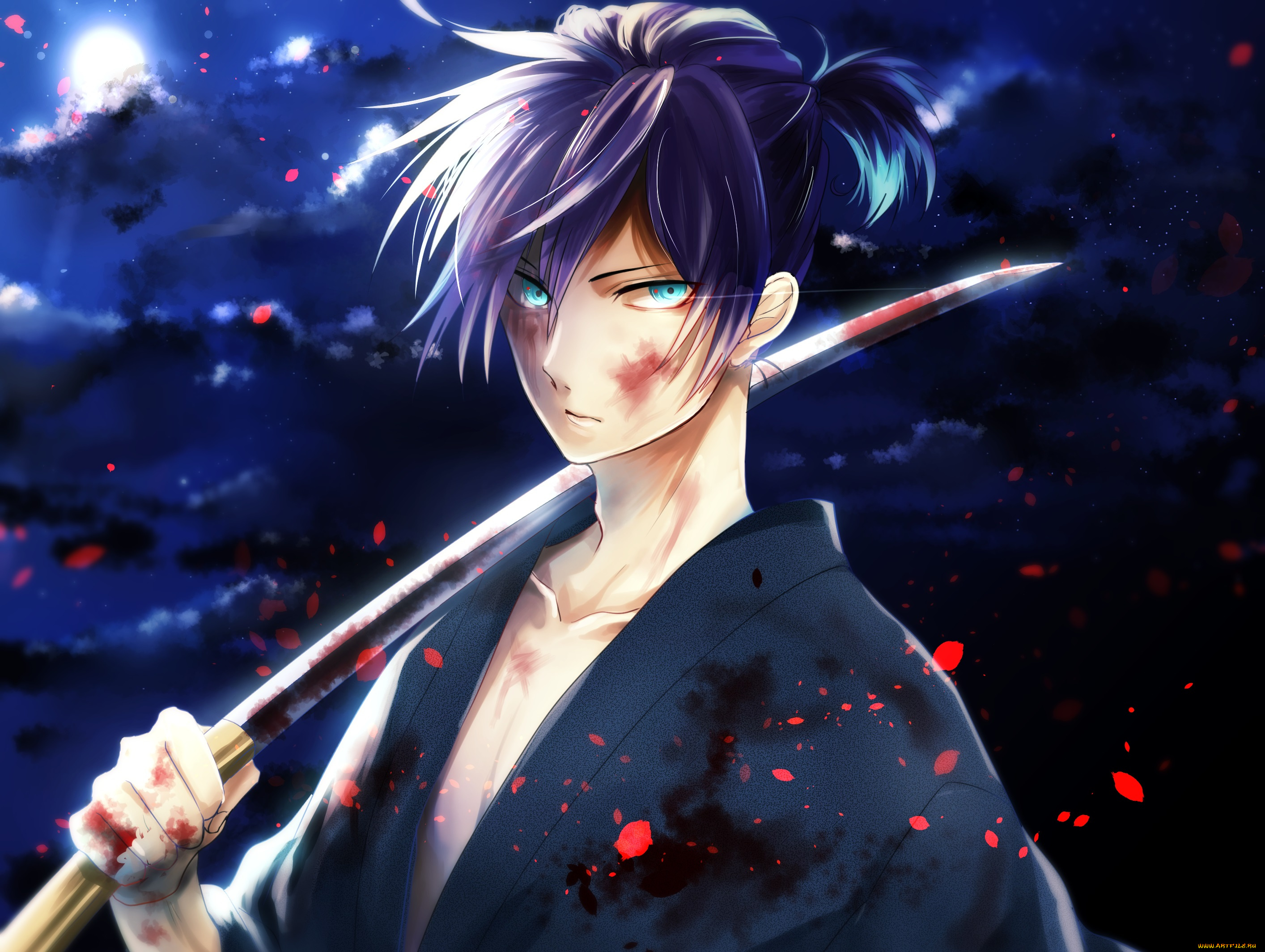 аниме, noragami, hsk10, hkm, арт, парень, yato, кимоно, оружие, ночь, облака, небо, луна, кровь, катана