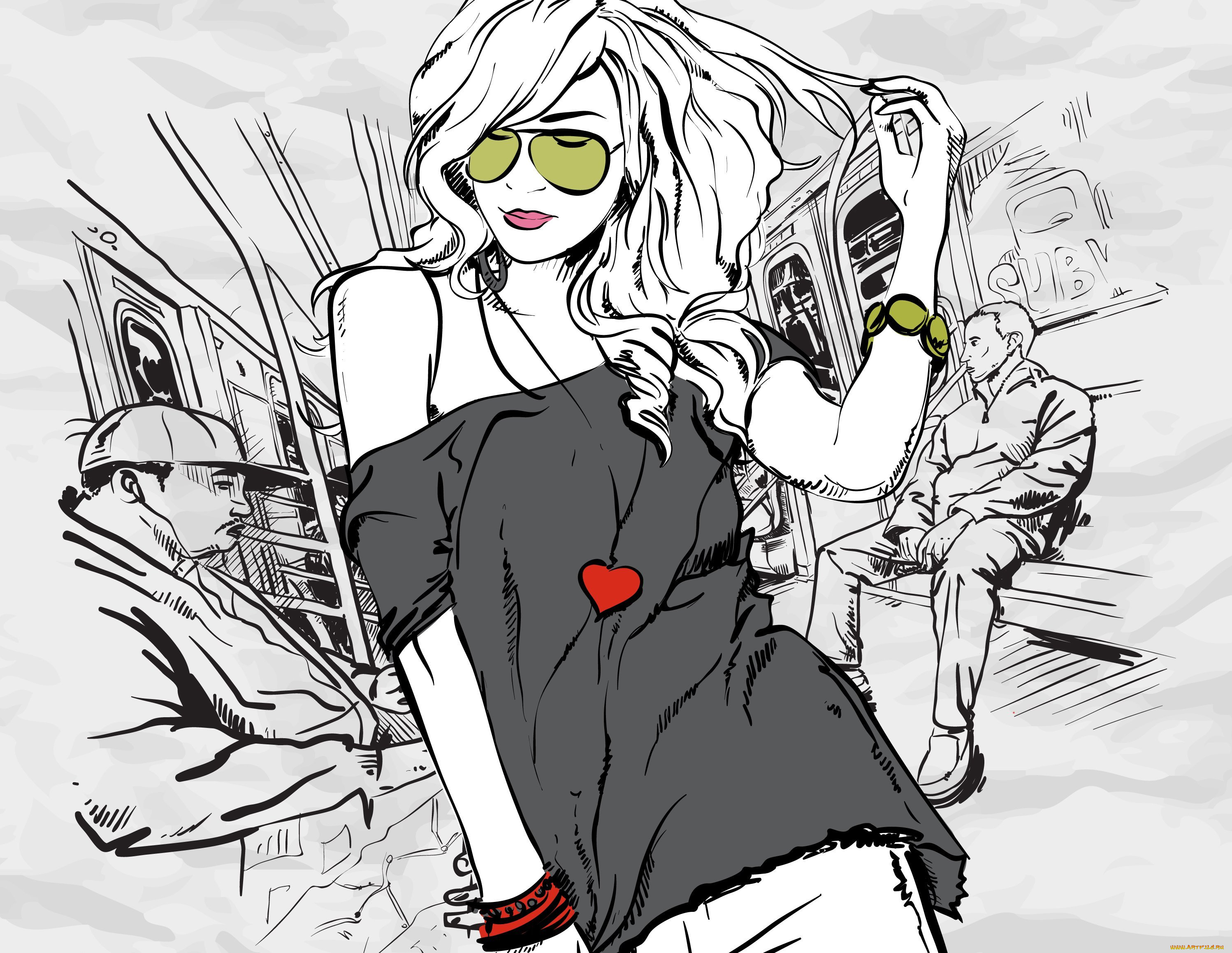 векторная, графика, девушки, стиль, браслеты, очки, кофта, метро, сердце, люди, девушка