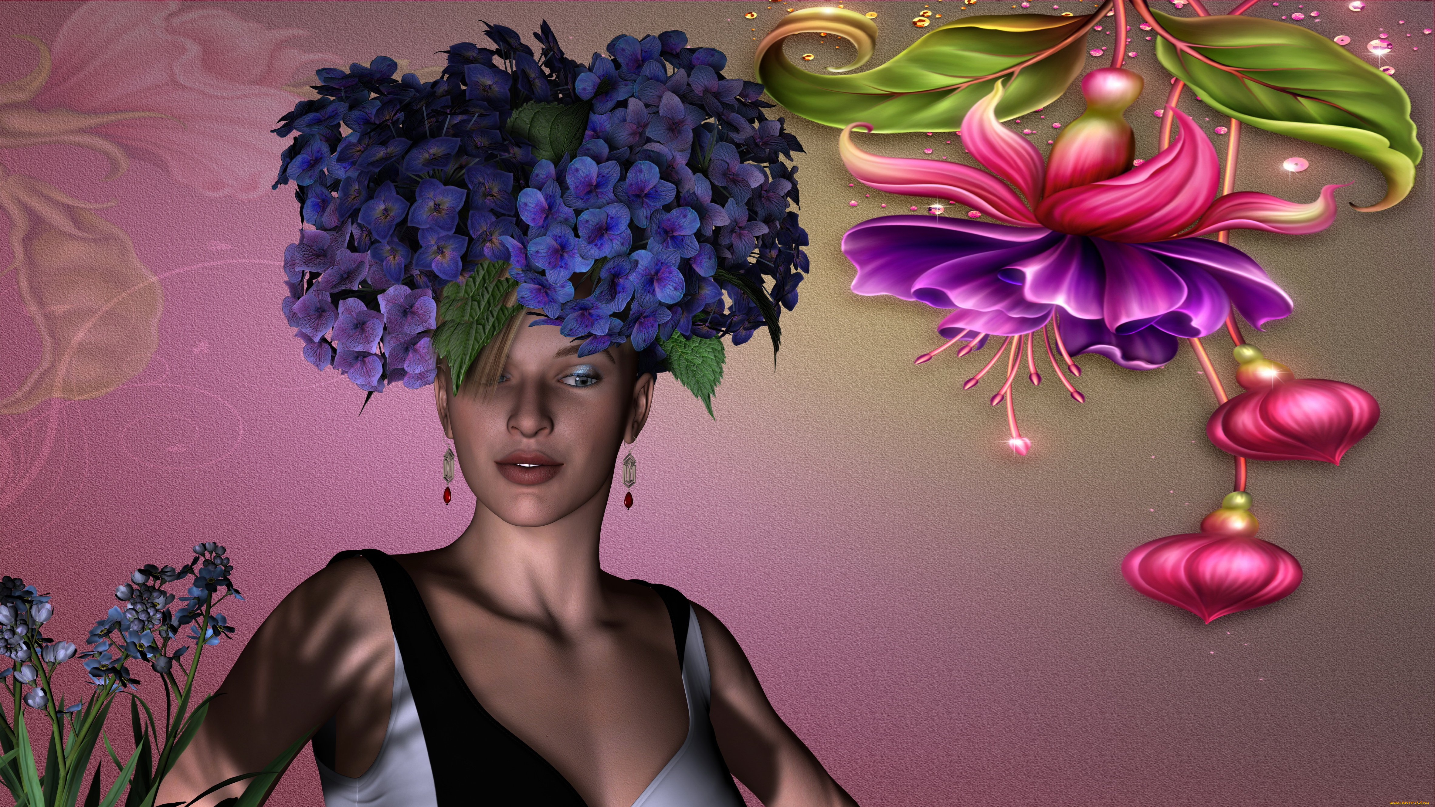 3д, графика, люди, , people, цветы, взгляд, девушка