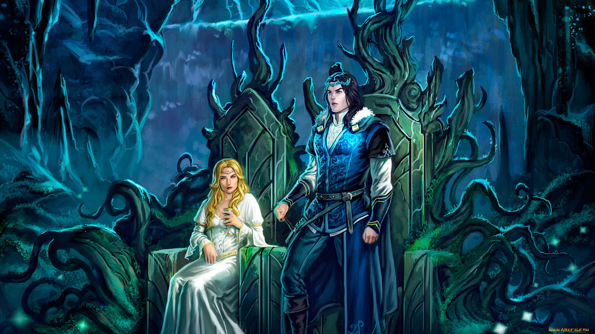 фэнтези, люди, арт, трон, король, королева, парень, девушка, блондинка, брюнет
