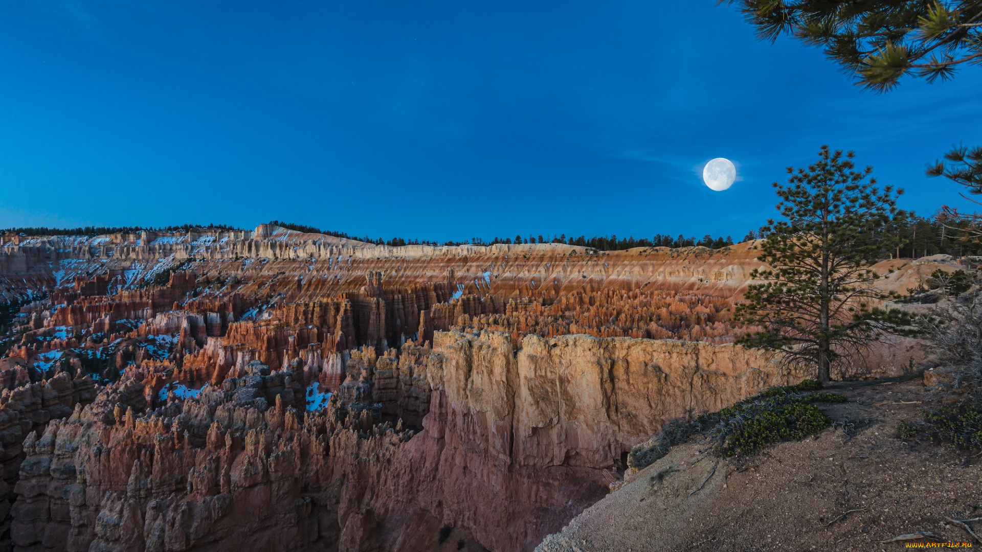 природа, горы, скалы, ночь, небо, луна