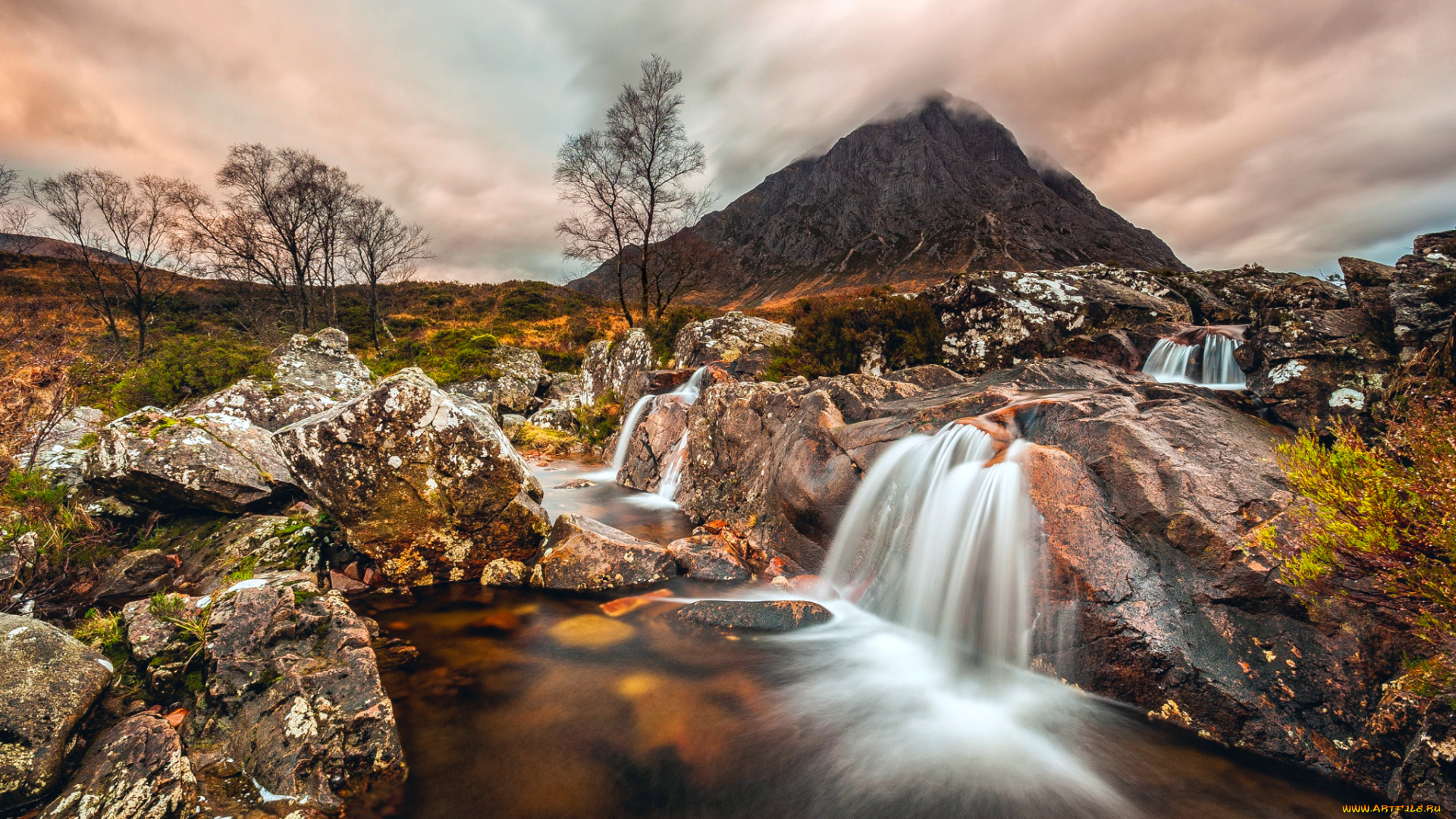 природа, водопады, облако, шотландия, buachaille, etive, mоr, северо-шотландское, нагорье, камни, поток, гора