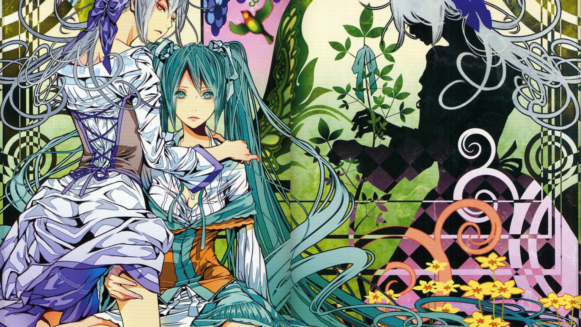 разное, арты, цветы, hatsune, miku, длинные, волосы, бант, корсет, ayumi, kasai, vocaloid, art, haku, yowane, тень, узор