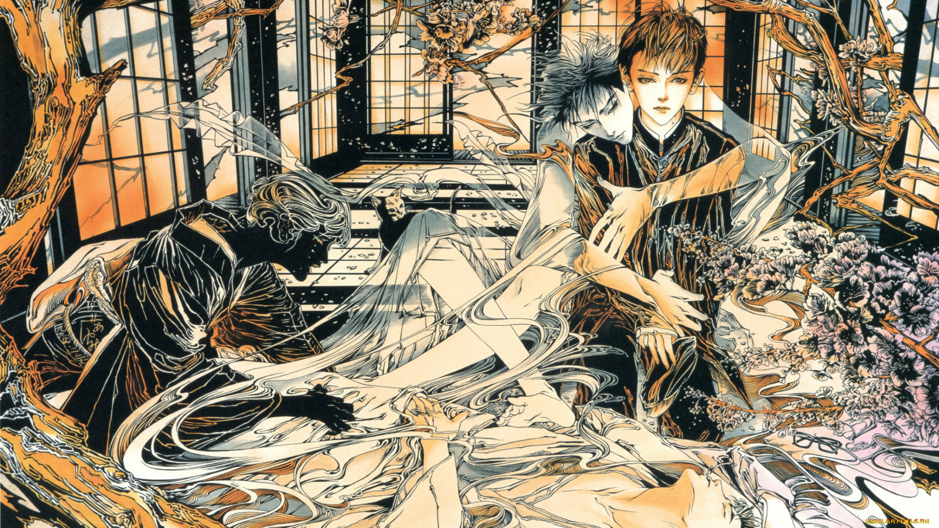 разное, арты, манга, ayumi, kasai, art, руки, видения, призраки, духи, деревья, окна, комната, парень