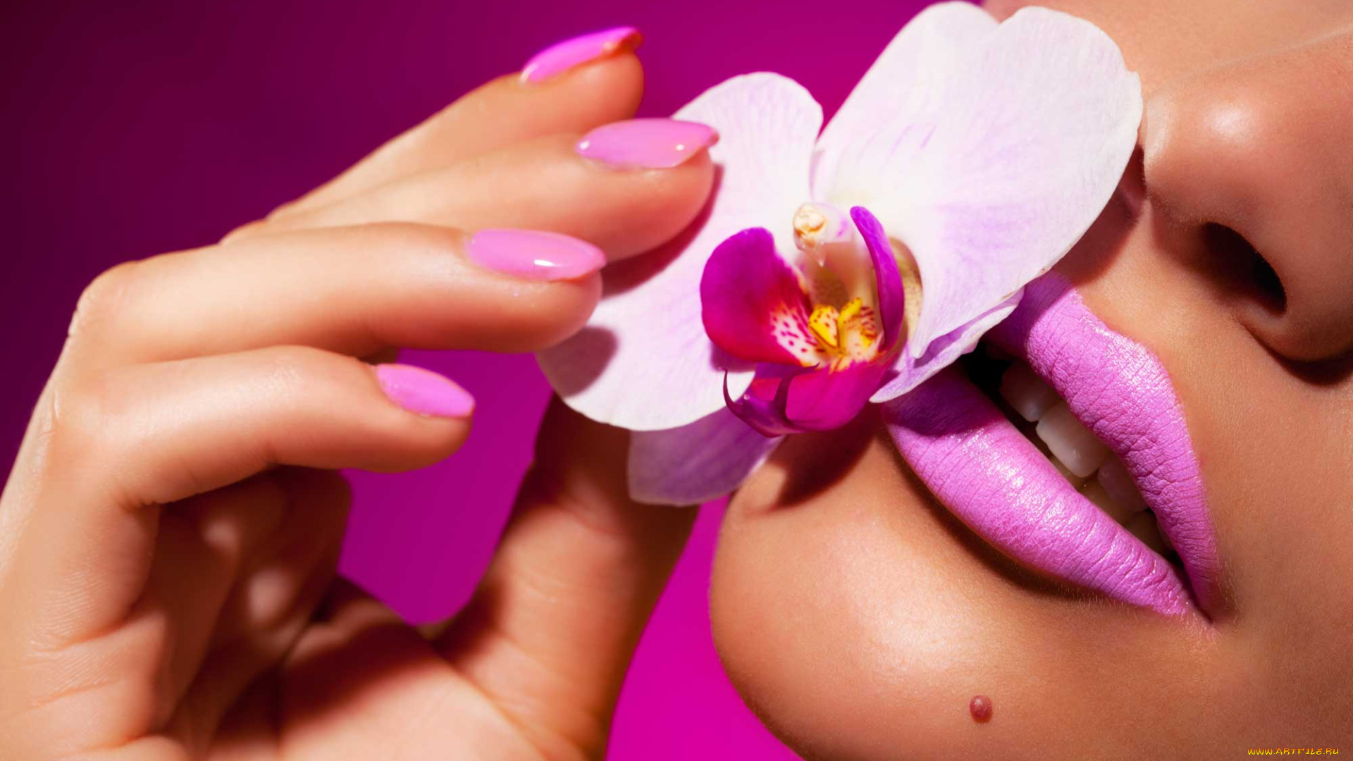 разное, губы, цветок, орхидея, рука, девушка, маникюр, родинка
