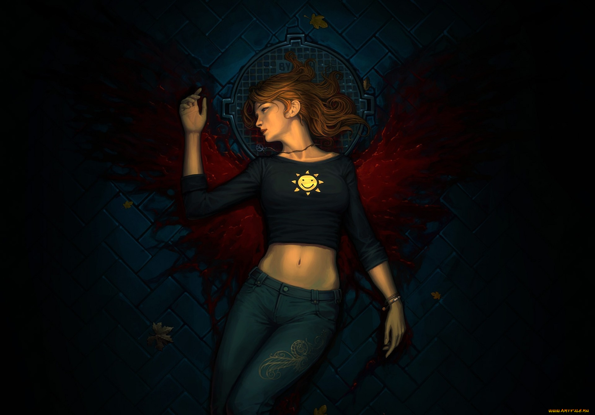 фэнтези, девушки, девушка, смерть, кровь, крылья, люк, топ, джинсы