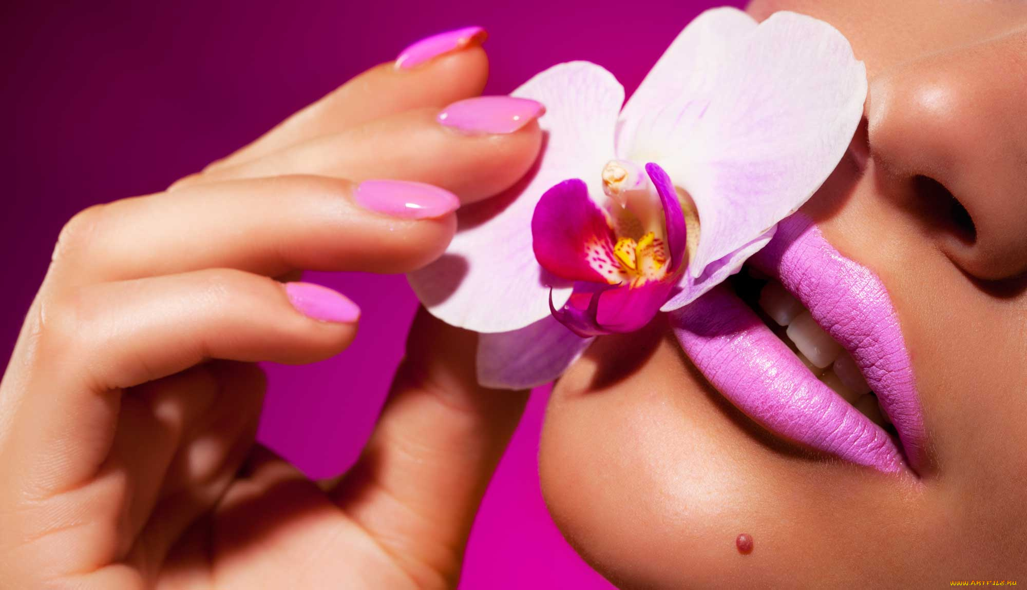 разное, губы, цветок, орхидея, рука, девушка, маникюр, родинка
