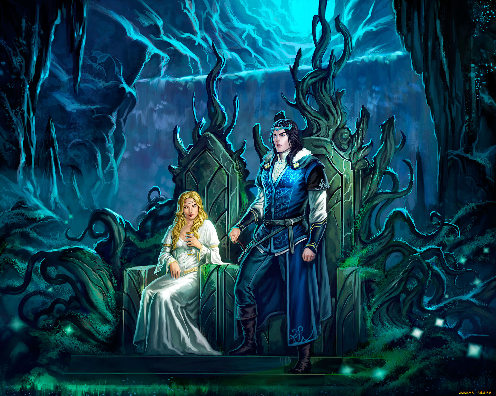 фэнтези, люди, арт, трон, король, королева, парень, девушка, блондинка, брюнет