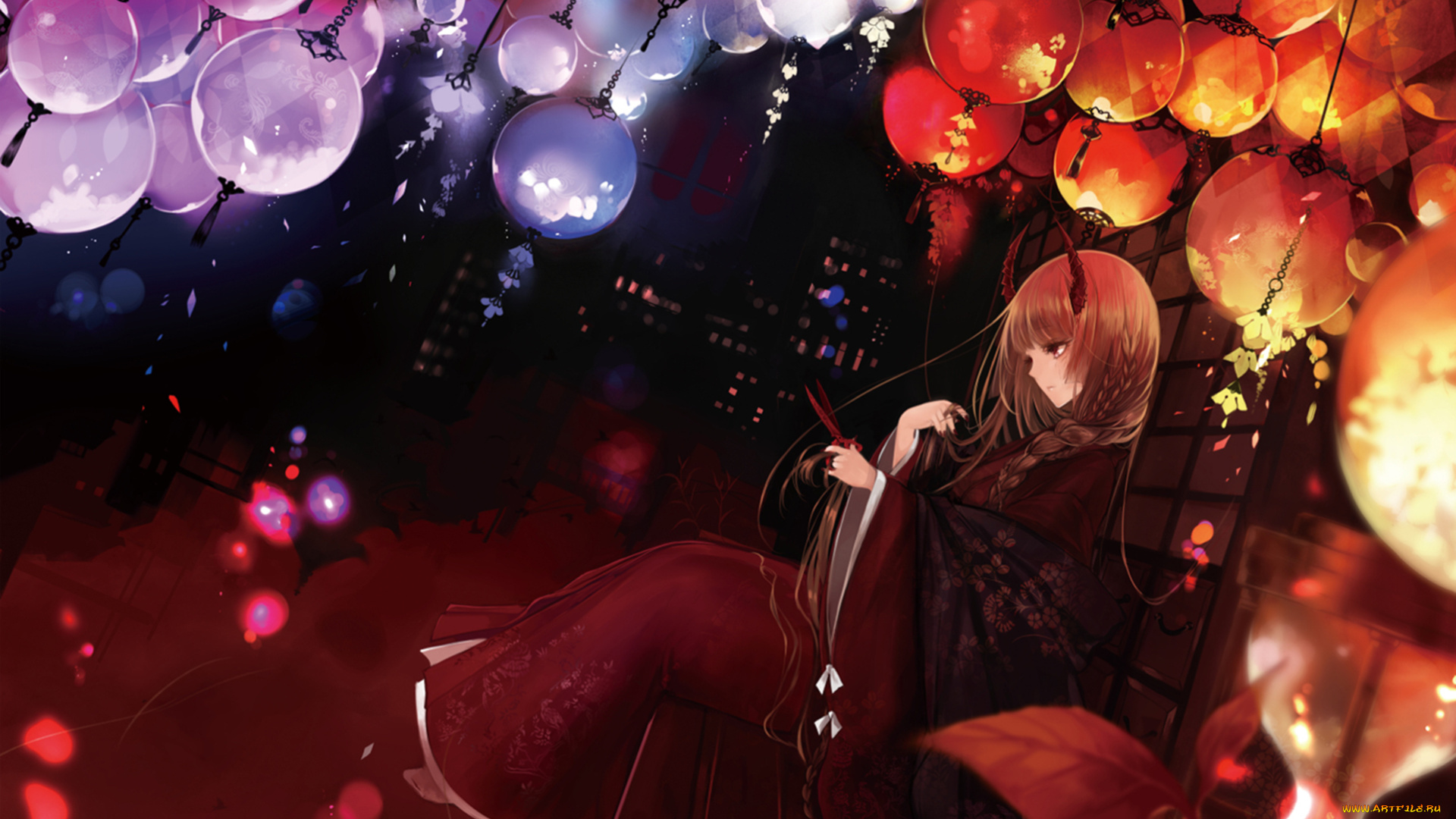 аниме, ангелы, , демоны, девушка, фонари, рога
