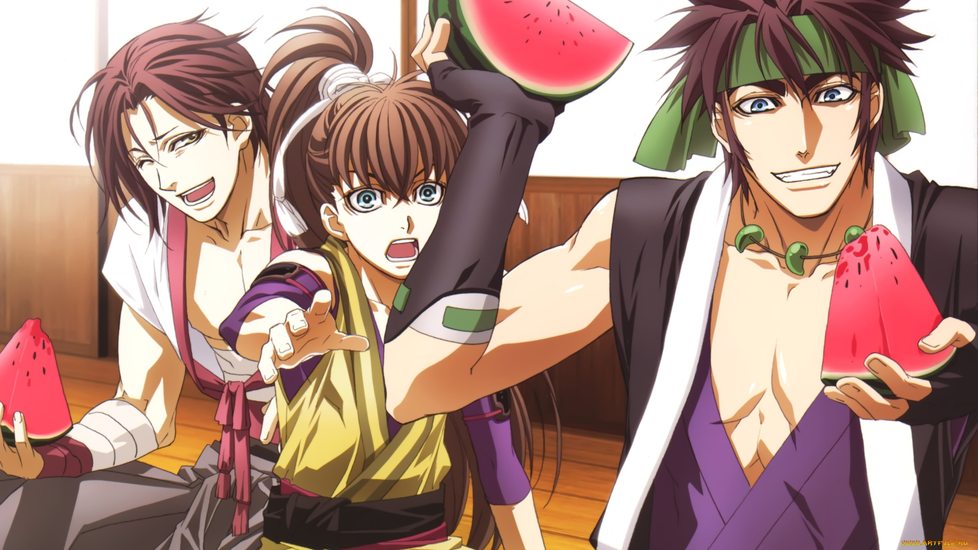аниме, hakuouki, арбуз, парни