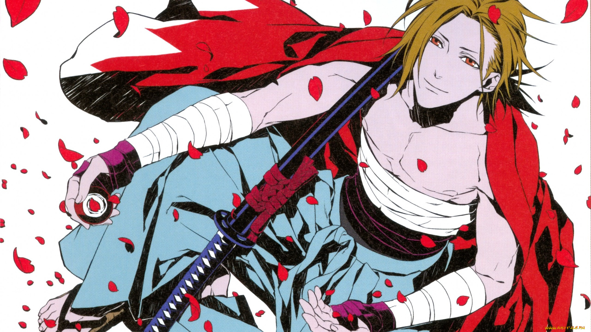 аниме, hakuouki, лепестки, парень