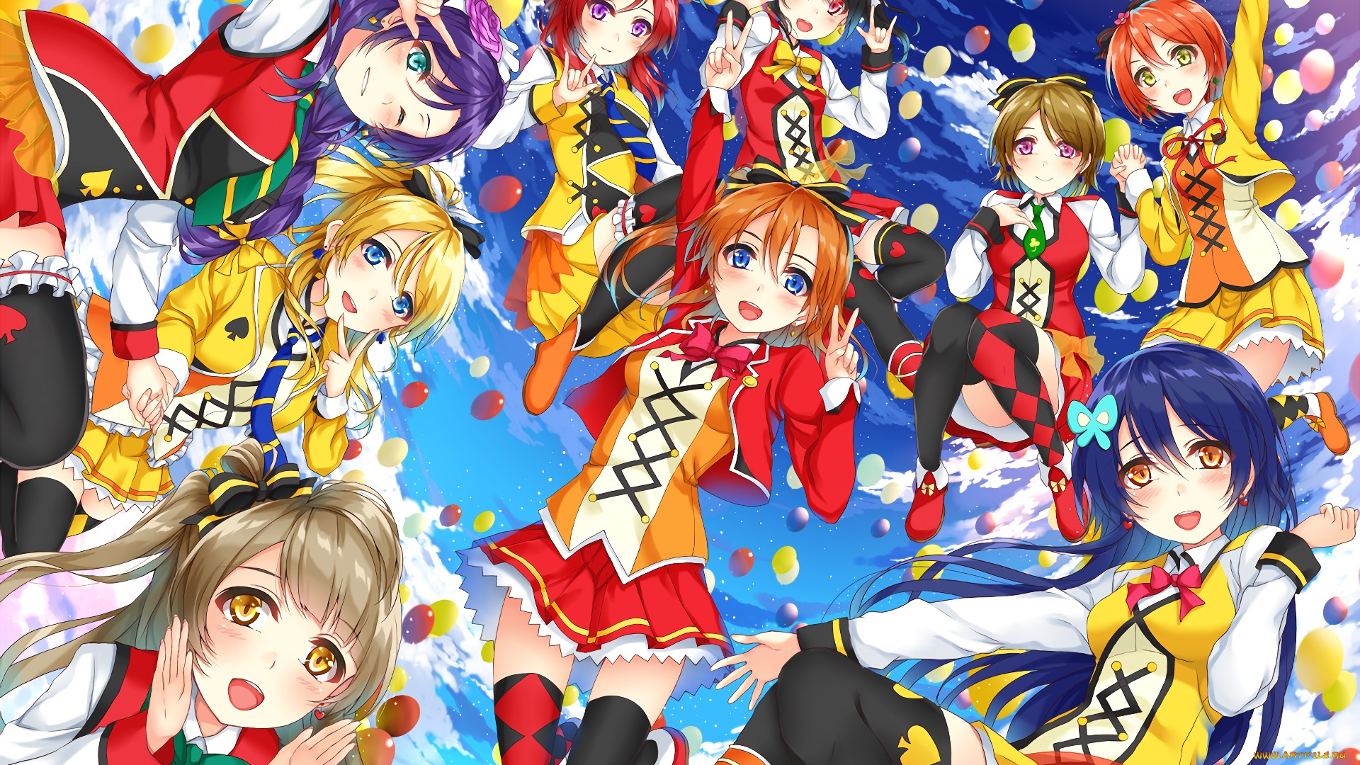 аниме, love, live, , school, idol, project, взгляд, девушки, фон